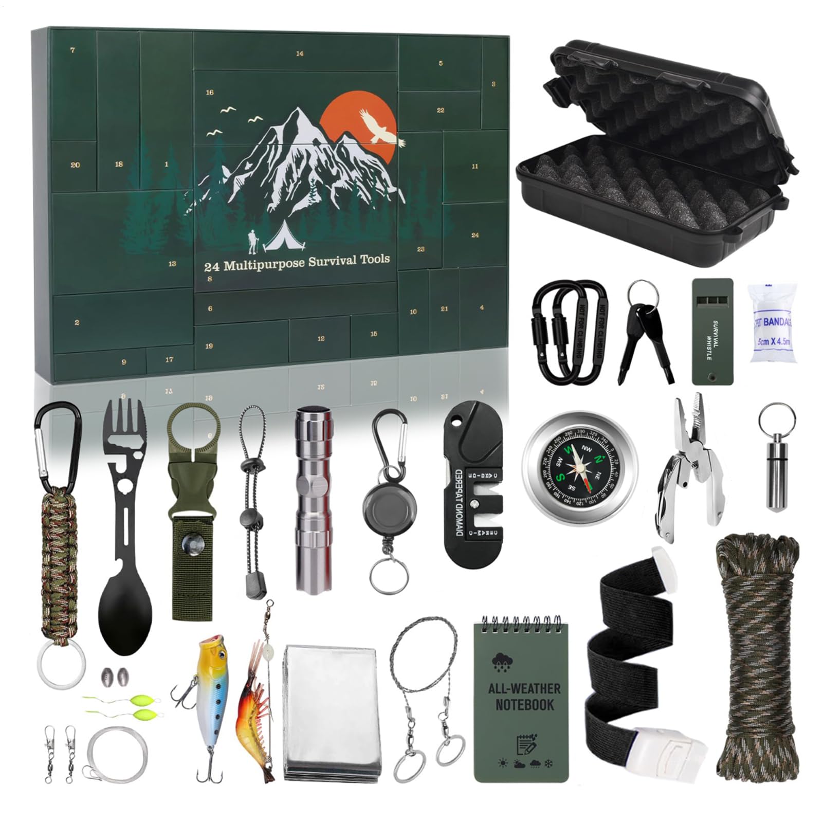 Kit di sopravvivenza calendario 'Avvento – conto alla rovescia di Natale 24 giorni per uomini, strumenti di sopravvivenza giornalieri all'aperto, set regalo, attrezzatura da campeggio portatile | 24 giorni per uomini, strumenti di sopravvivenza giornalier