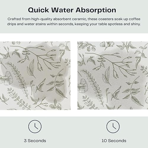 Miniatura 4 de Juego de 6 posavasos florales de salvia y blanco con soporte, posavasos de cerámica absorbente con respaldo de corcho para protección de mesa,