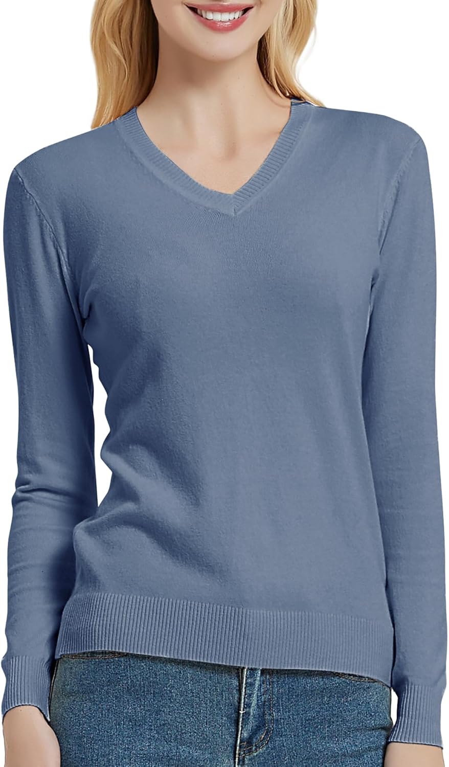 Urban CoCo Women's V Neck Long Sleeve Solid Classic Knit Pullover Sweater Tops