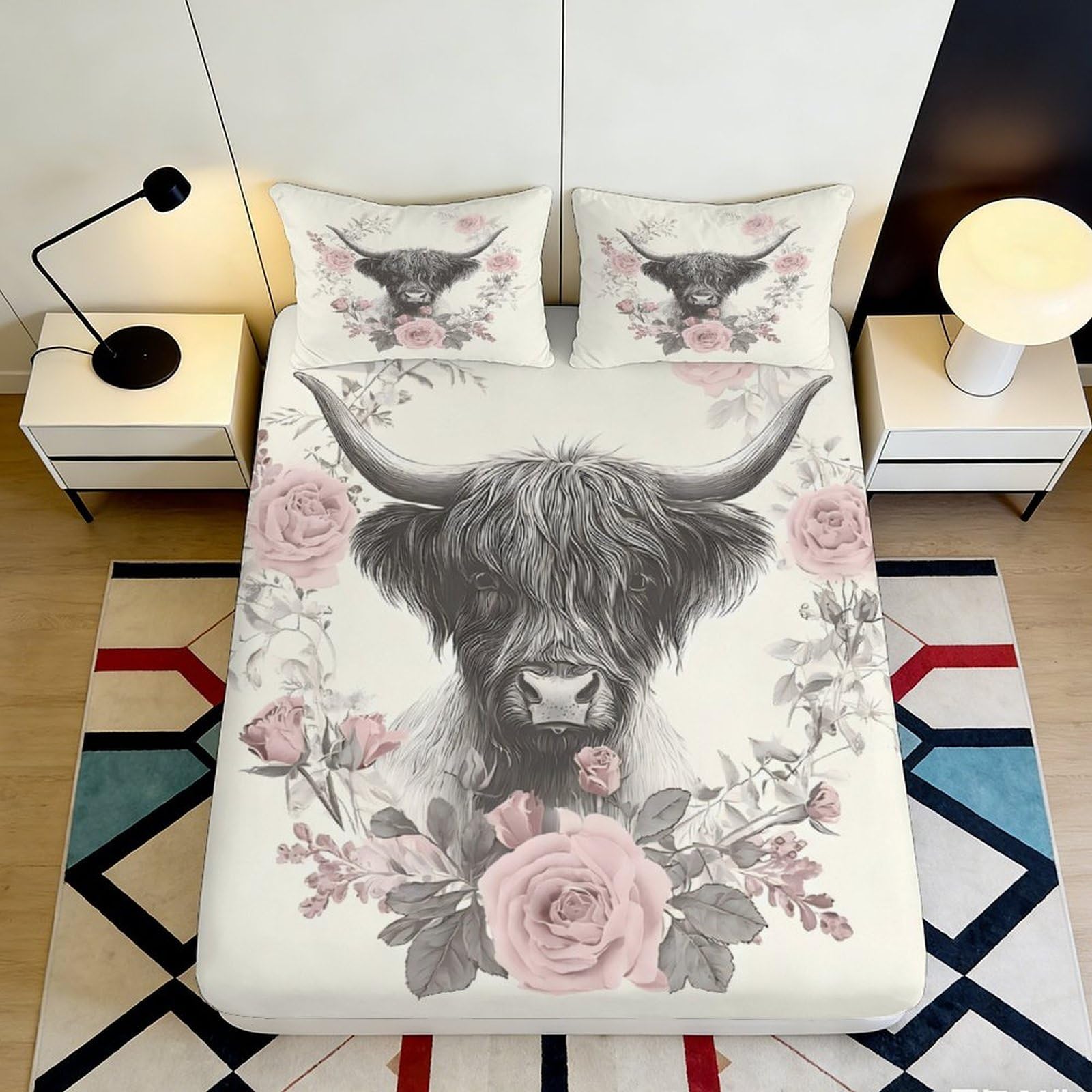 3D Printed Highland Cow Floral Fitted Sheet Microfiber Deep Pocket Bedroom Bedding Highland Cow Floral Mattress Fitted Cover 160x200x25cm