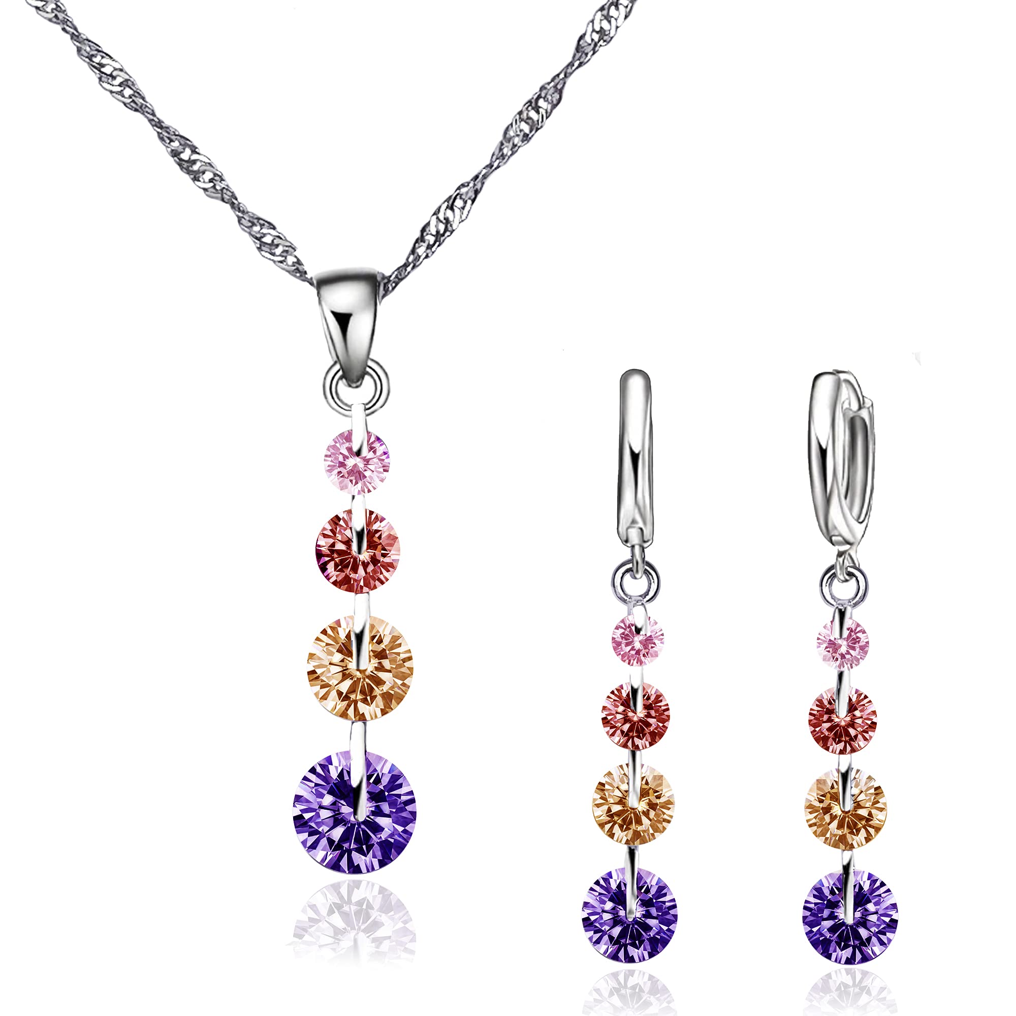 Crystalina Regalos para Mujer, Conjunto Collar Plata Mujer y Pendientes Mujer Plata con Colgante, Joyas de Mujer de Plata S925 y Circonitas de Colores, Regalos Originales para Mujer