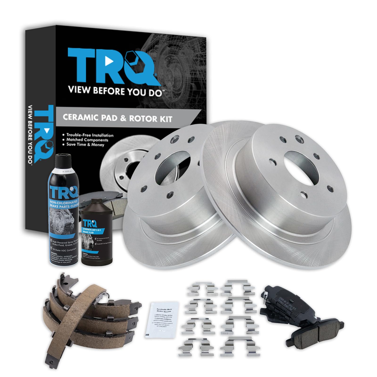 TRQ Rear Brake Pad &amp; Rotor Kit, with Chemical Kit Parking Brake Shoe Set Ceramic Compatible with 2002-2021 Nissan Altima 2004-2018 Maxima