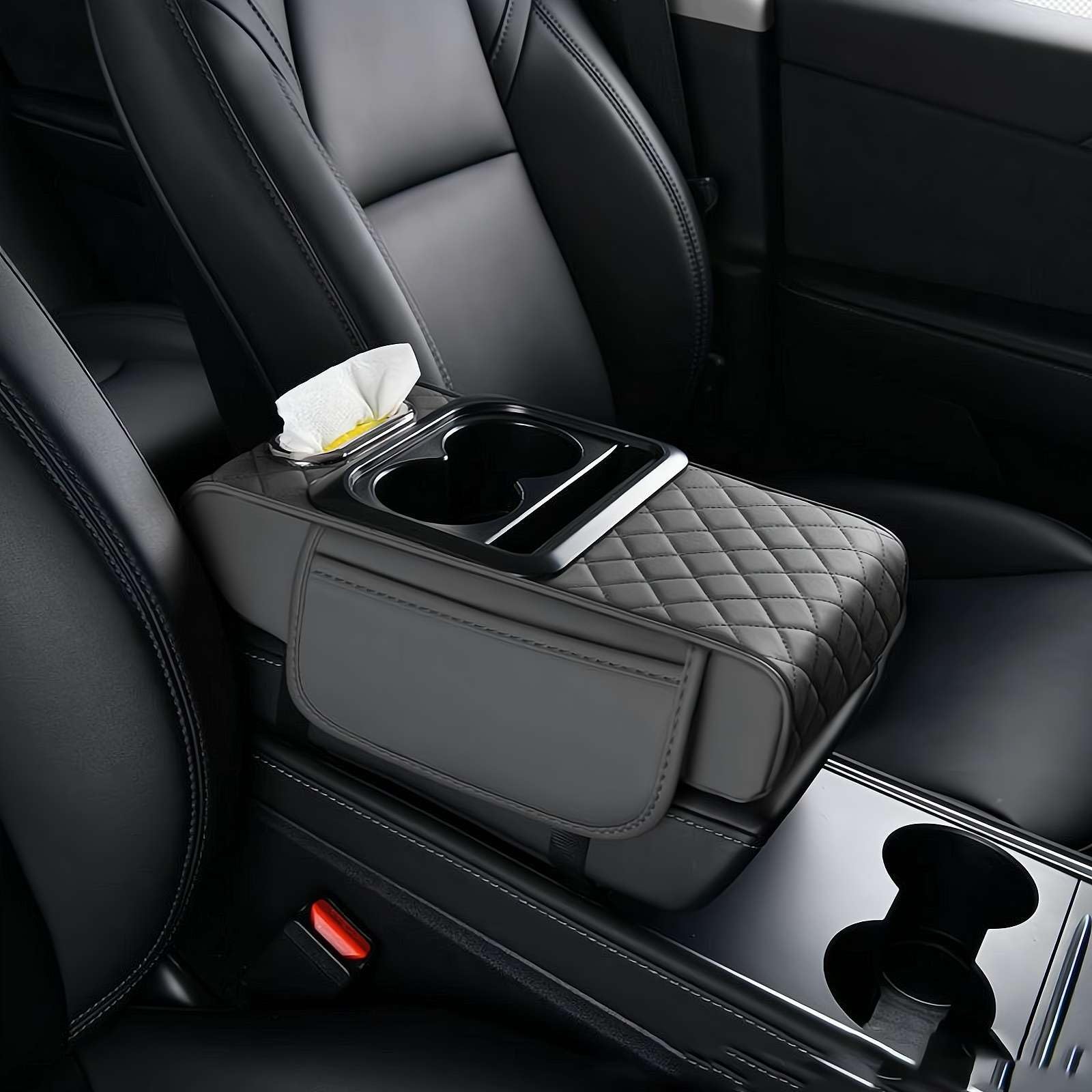 Tapis d'accoudoir de voiture multifonction en cuir synthétique, housse 5 en 1 pour console centrale, avec 2 sacs de rangement, porte-gobelet, fente pour boîte à mouchoirs, fente pour téléphone