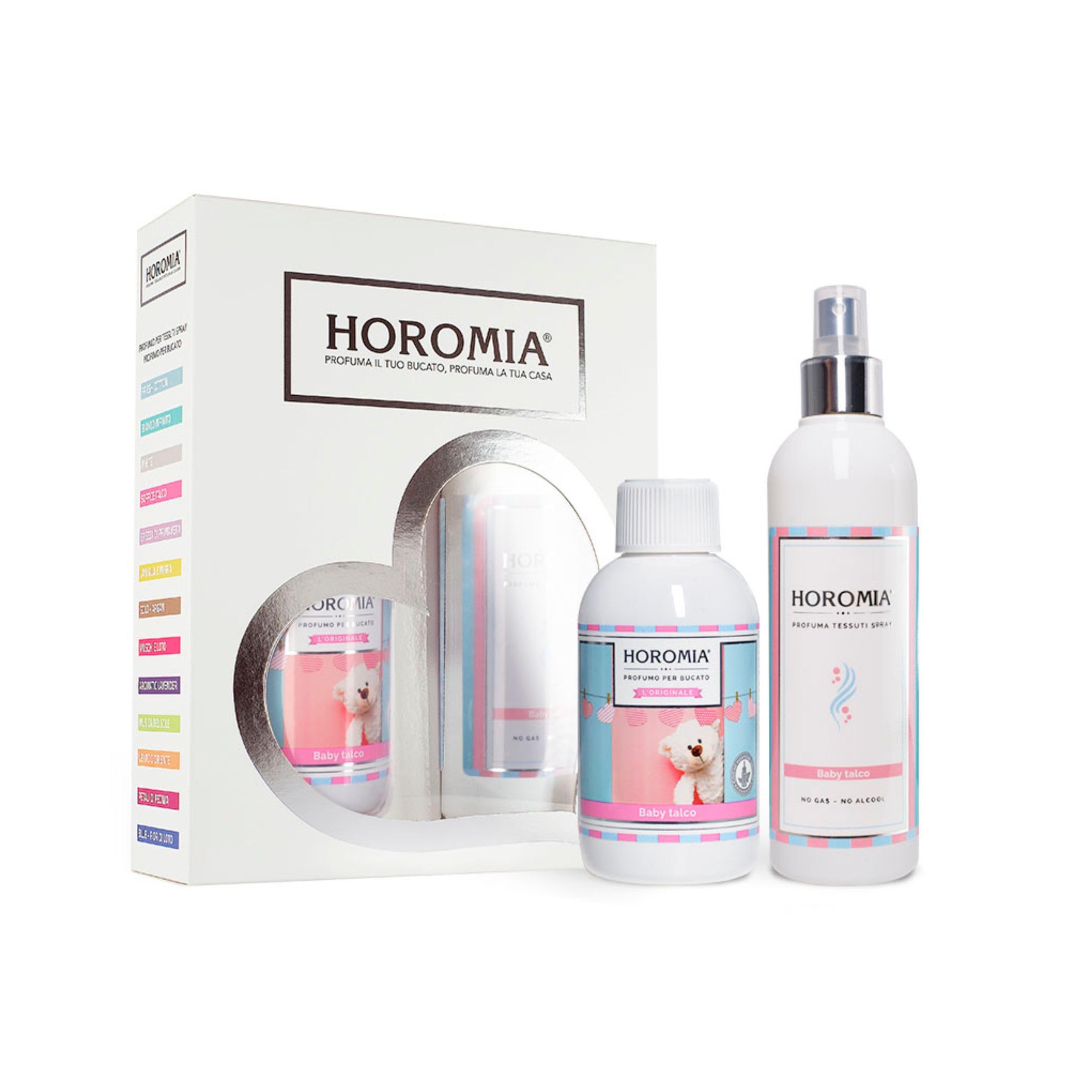 HOROMIA Horotwins Profuma Bucato 250ml e Deo Tessuti Spray 250ml - Confezione Regalo Baby Talco