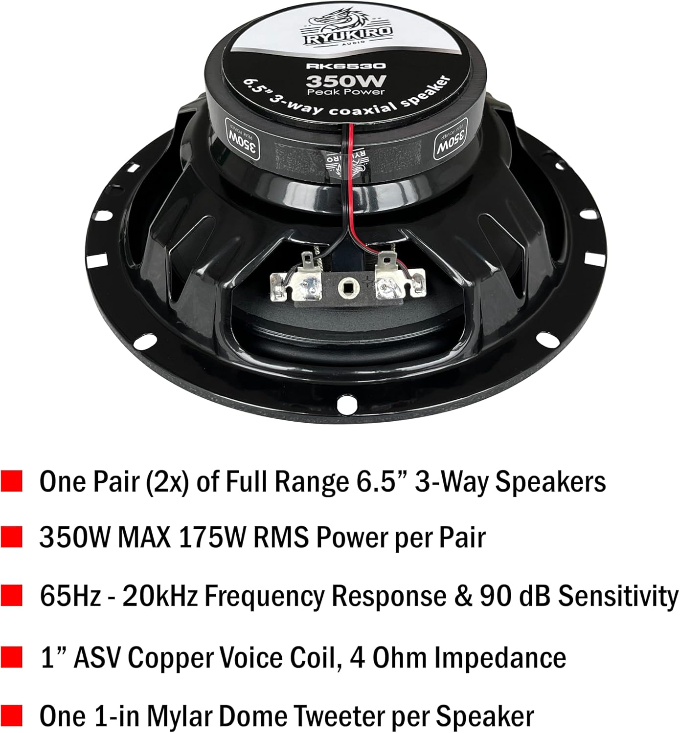 Ryukiro 350 Watt 6.5 Inch Coaxial 3 Way Speaker (One Pair) Full Range Tweeter & Mid Woofer for Automotive Vehicle Audio Car Stereo