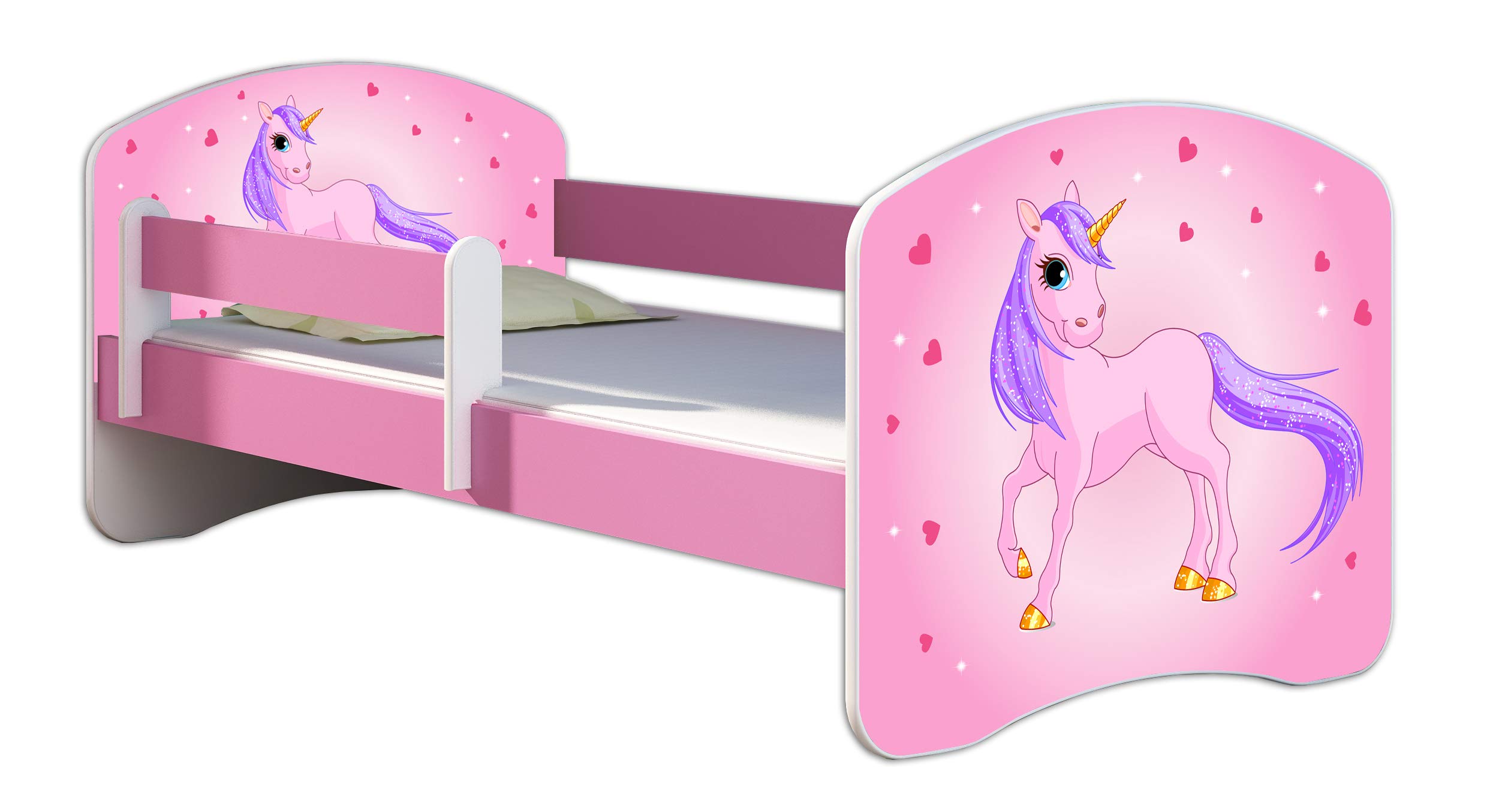 ACMA Kinderbett 80 x 160 cm mit Matratze & Lattenrost – Jugendbett mit Rausfallschutz, personalisiertes Motiv 17 Pony - Rosa, Mädchenbett ab 3 Jahren, belastbar bis 120 kg