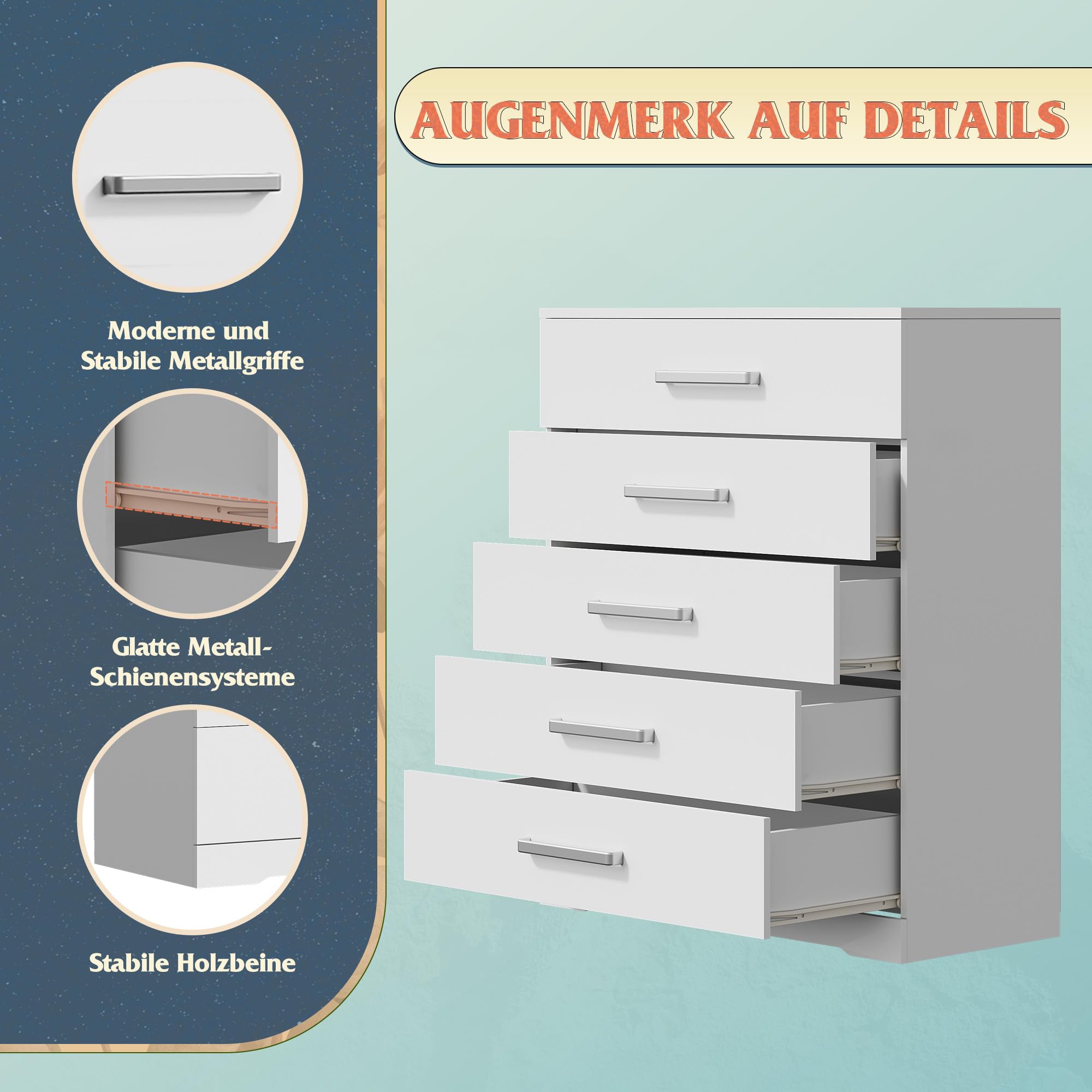 WLIVE Sideboard & Kommode mit 5 Schubladen, Metallgriffen & Metallschienen, Moderner Aufbewahrungsschrank für Schlafzimmer, Kinderzimmer, Schrankraum, Weiß
