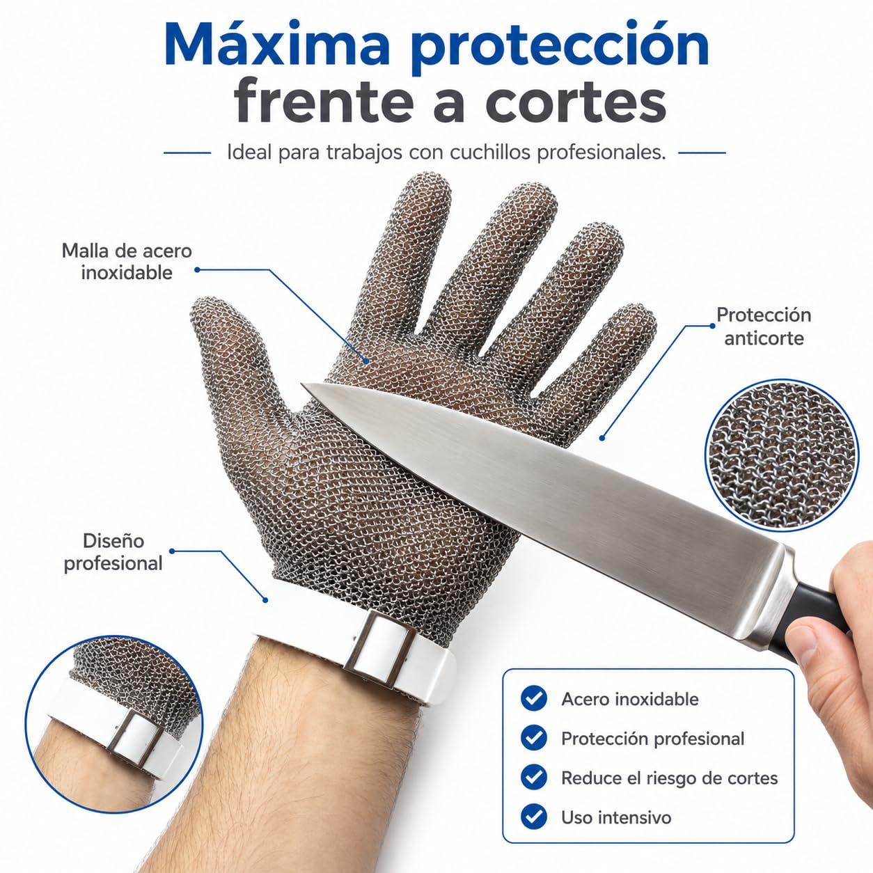 Guante Anticorte de Malla Acero Inoxidable, Guante Carnicero Reversible con Correa, Ambidiestro 5 Dedos, 5 Tallas XXS a L, Cocina Profesional Carnicería Pescadería (XS)