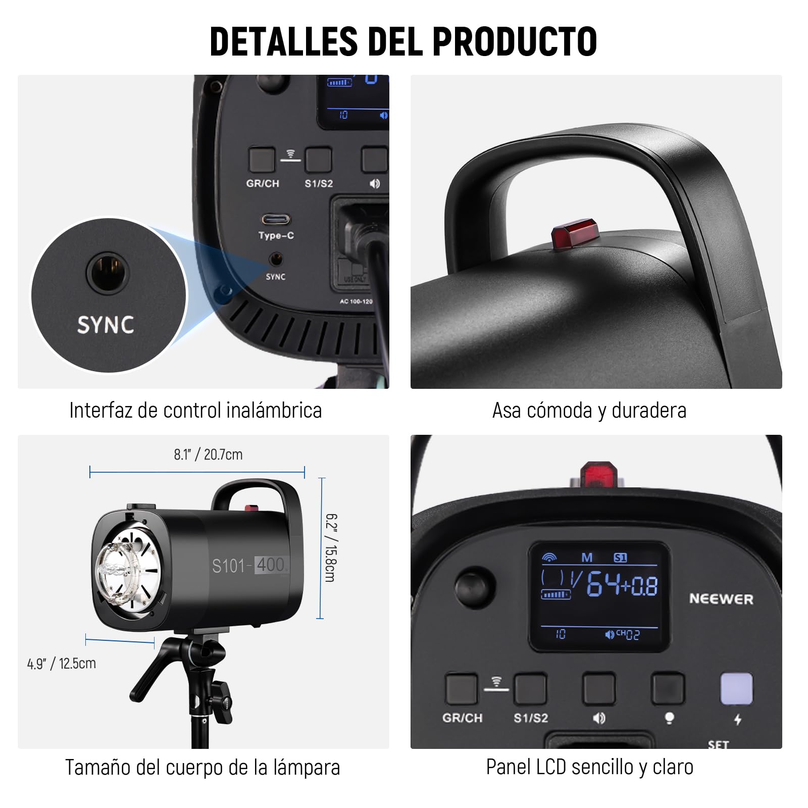 NEEWER S101-400W Pro Strobe Flash Luz con 2.4G Disparador 150W Lampara 400Ws GN65 5600K Bowens Mount Reflector Modo S1/S2 Ventilador Compatible con QPRO para Fotografía Retrato Productos Estudio