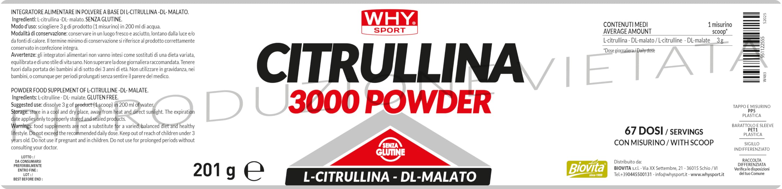 WHY SPORT CITRULLINA 3000 - Integratore Alimentare Energetico a Base di Citrullina Malato – 201 gr