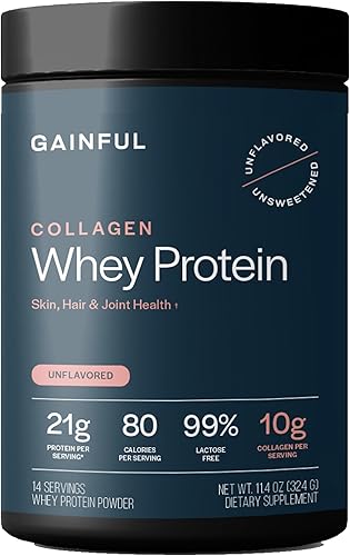 Gainful Proteína de suero de colágeno en polvo, 0.74 oz de proteína por porción, sin sabor, apoya la recuperación muscular, la salud de las