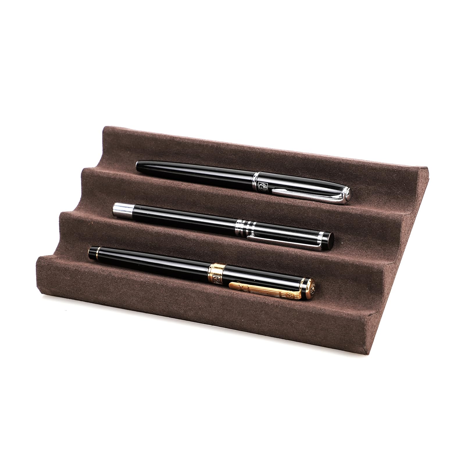 CONTACT'S FAMILY Leather Pen Holder Tray, Wave Slotted Pen Tray for 3 Pens, Leather Pen Organizer for Desk (Coffee)