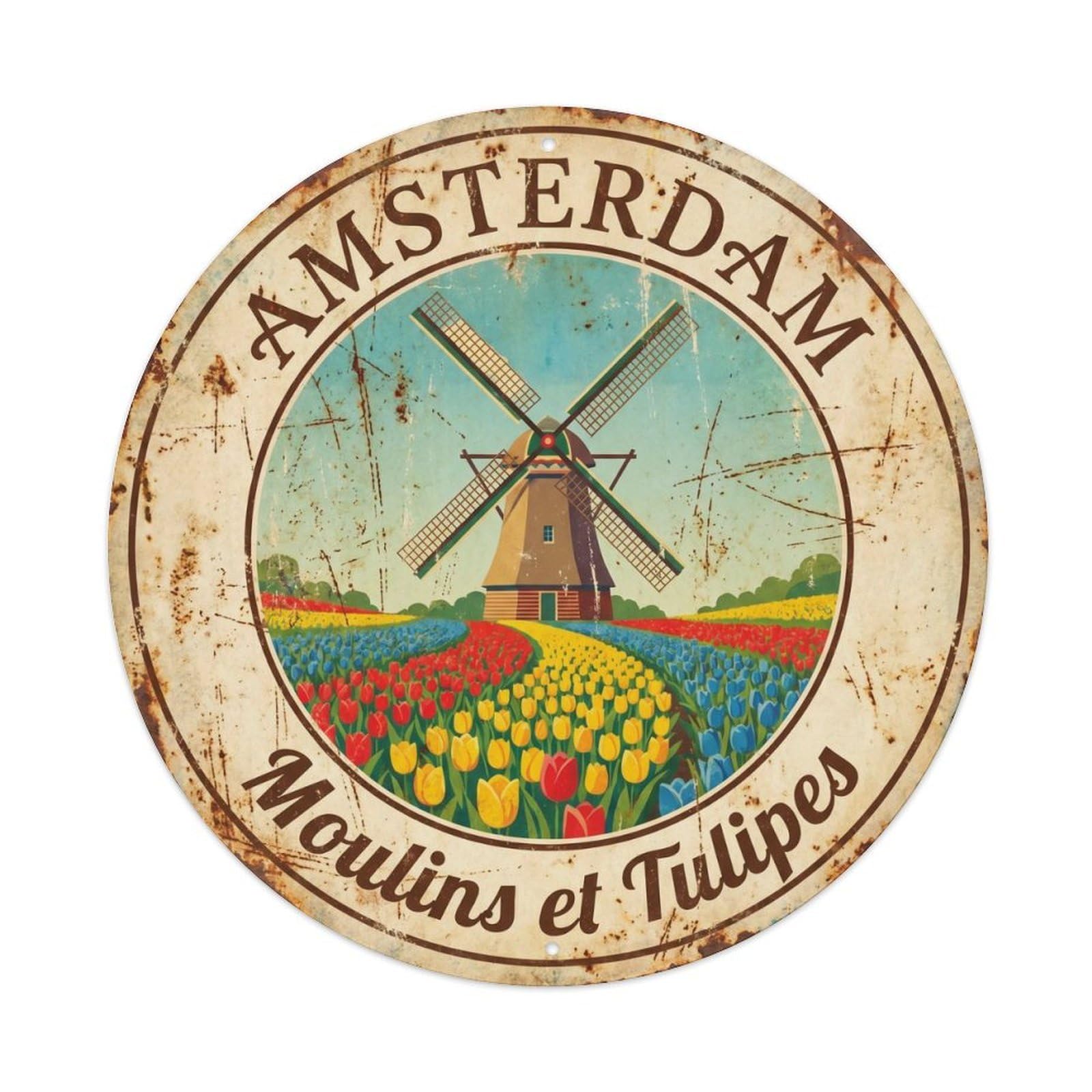 Vintage Travel Windmill Tulips Amsterdam Metal Tin Sign Plaque Wall Decor for Cafe, Club, Garden Round Metal Poster 8x8Inch