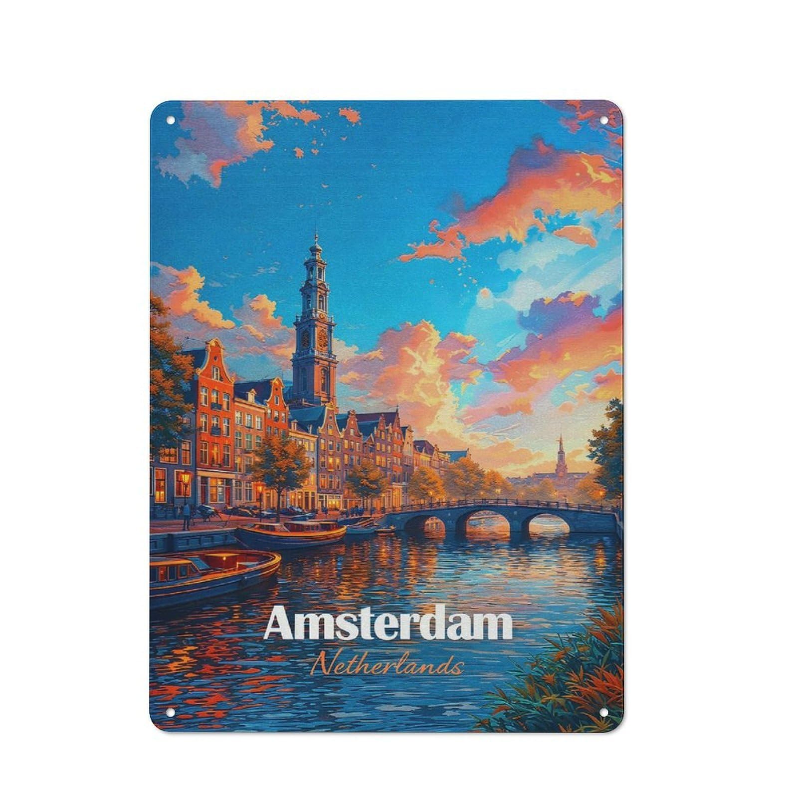 Junmoney Style-6 Retro Metal Wall Sign 40X30cm With Amsterdam Canal At Sunset(2) For Bar Or Restaurant, Autumn Wall Decor For Restaurant Interior Fans