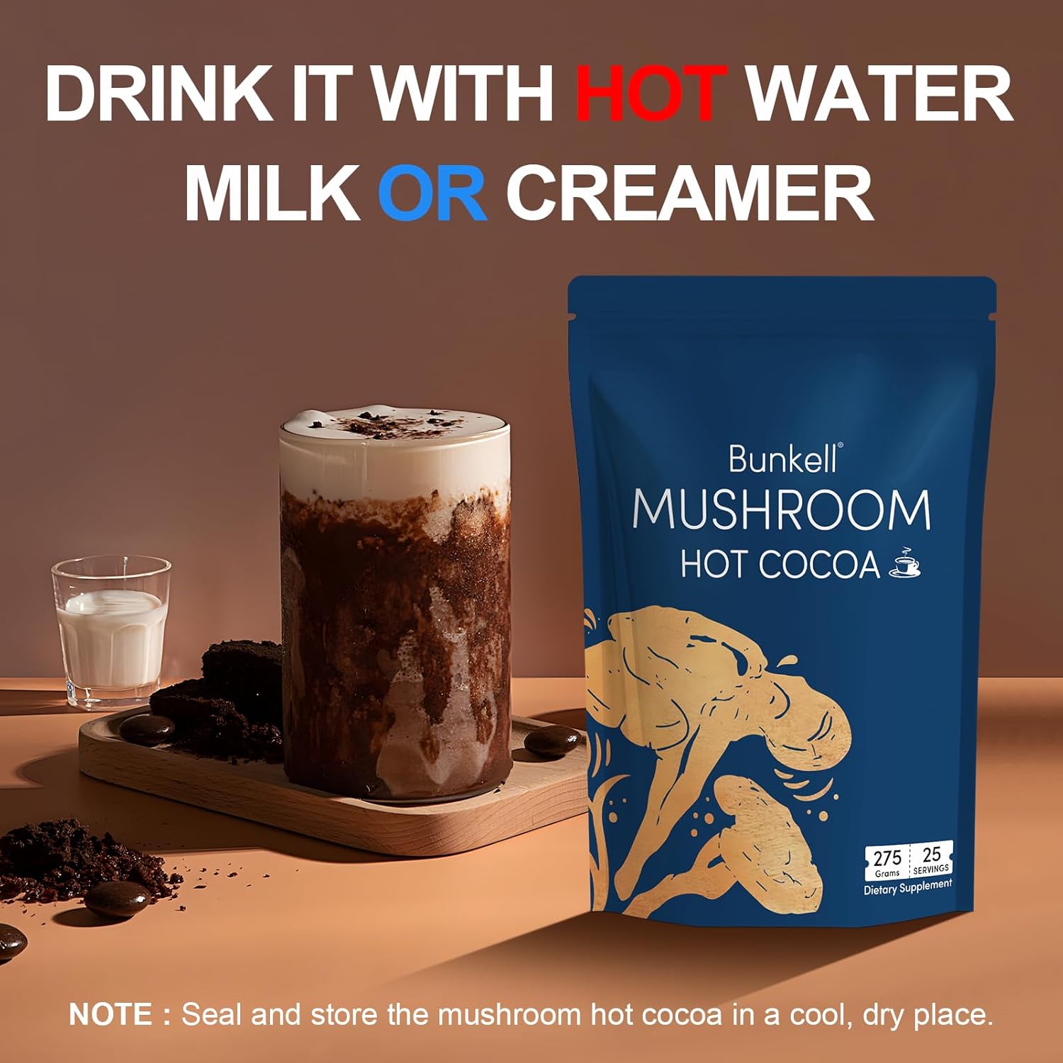 71Q-46iPoPL._AC_SL1500_ Mushroom Hot Cocoa, Adaptogenic Mushroom with Reishi, L-Theanine, Chicory, Melatonin & Glycine, Melatonin, Sleep Hot Cocoa Supplement for Sleep and Stress Support, 25 Servings 1 Pack