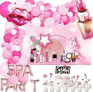 112pcs Makeup Balloon Garland Arch Kit, Spa Day Backdrop 5x3FT, Make Up Happy Birthday Cake Cupcake Topper Pink Balloons Banner for Girls Spa/Salon/Makeup Theme Birthday Party Decorations Supplies