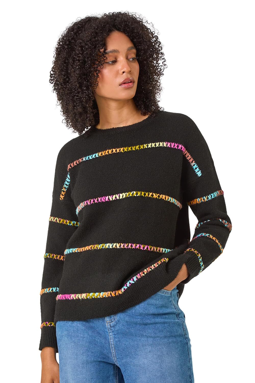 Roman Women's Black Shimmer Stripe Detail Knit Jumper In | Size: 12