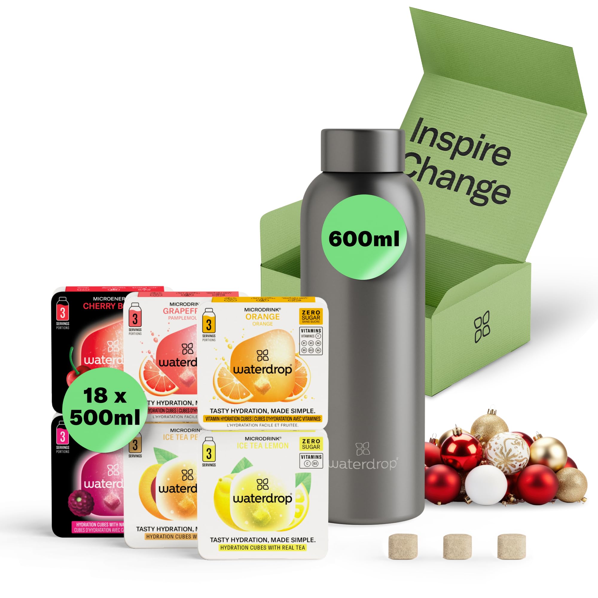 waterdrop MICRODRINK Starter Set Steel with 1x Stainless Steel Water Bottle + 18 Vitamin Hydration Cubes in 6 flavours - Taster Pack with 600ml Double Insulated Water Bottle + Sugar-Free Drinks