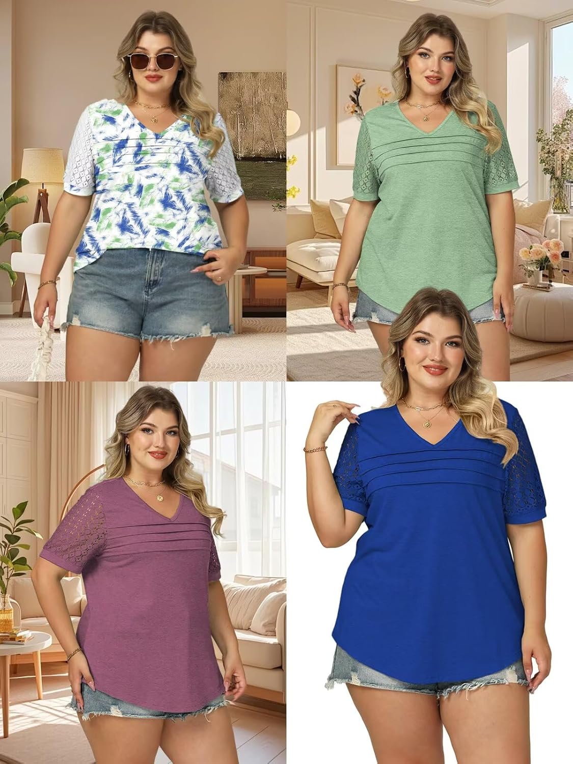 DOLNINE Womens-Plus-Size-Tops Fashion Lace Short Sleeve Shirts Casual V Neck Tees Going Out Pleated Tunics Blouses XL-5XL - Image 6