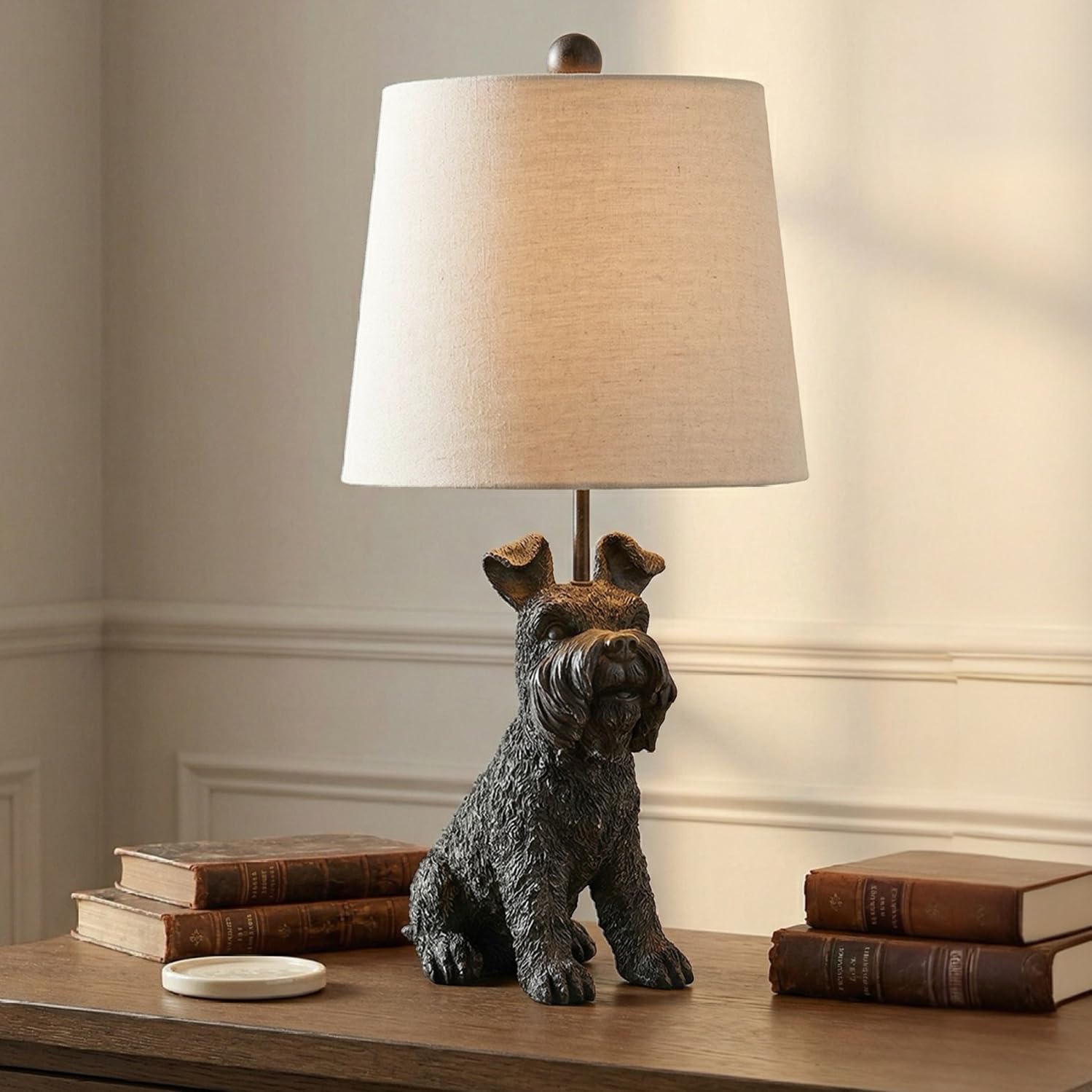 Crestview Collection Schnauzer Dog Table Lamp, 23" H Black Resin Dog Lamp with Beige Linen Tapered Drum Shade, Sculpted Animal Lamp for Bedroom Kids Room Living Room Home Decor