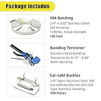Vista 2 de Kit de herramientas tensoras de bandas de flejado de embalaje, bobina de bandas de acero inoxidable 304 de 3/4 "x 100 pies, 100 hebillas Ear-Lokt.