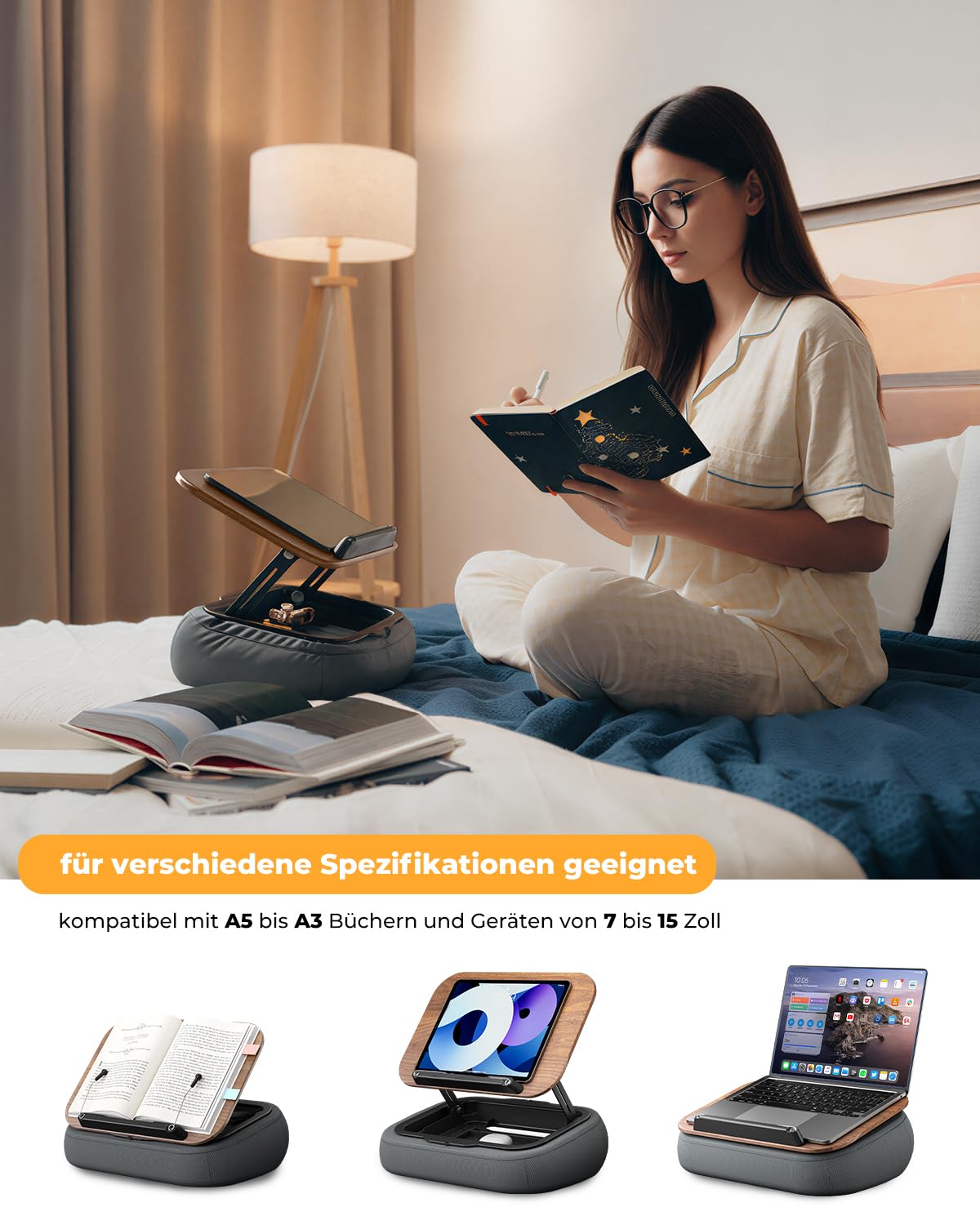 SupeDesk Soporte para libros para leer, soporte de lectura ajustable para sofá, cama, escritorio, cojín de lectura suave con clip lateral y espacio de almacenamiento, plegable, manos libres, esencial