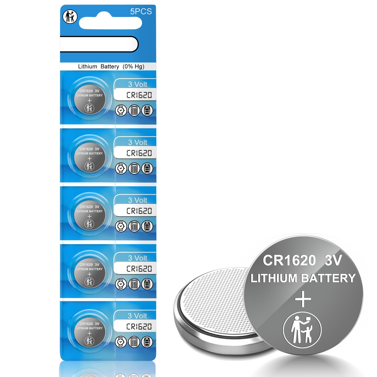 volkate CR1620 3V Lithium Battery, 5 Count Pack CR 1620 3 Volt Button Coin Cell Battery for Car Key Fobs, Keyless Remotes, Watches, Garage Door Openers, Remote Controls