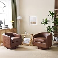 VINGLI 360° Swivel Barrel Accent Chairs Set of 2, PU Brown Upholstered Bucket Armchairs w/ Removable Cushion & Wood Base for Living Room Bedroom