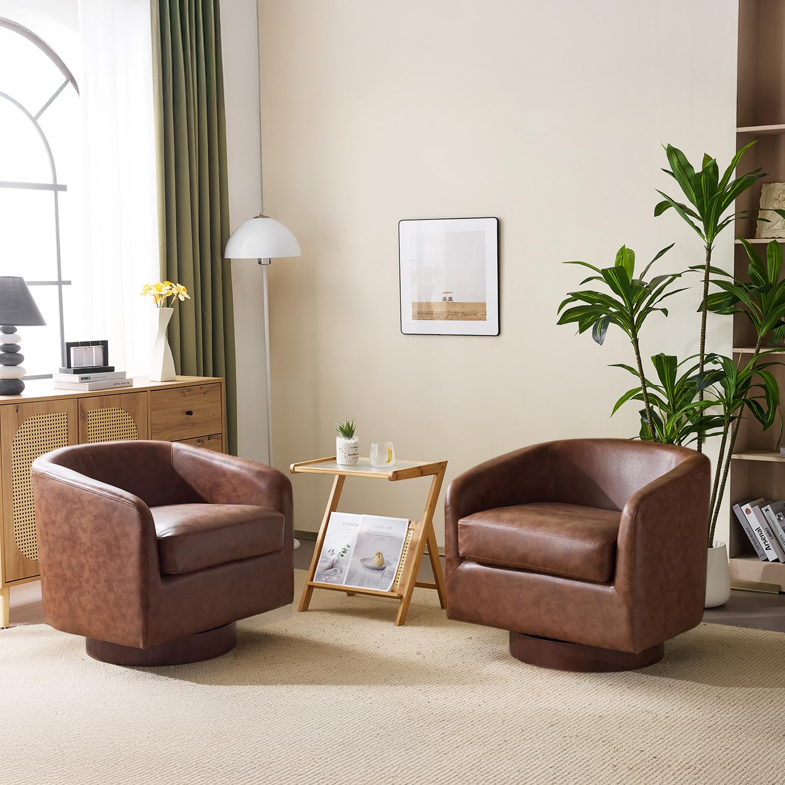 VINGLI 360°Swivel Accent Chairs Set of 2 with Engineered Wood Base and Removable Cushion for Living Room, Bedroom, Curved Back Barrel Chairs for Small