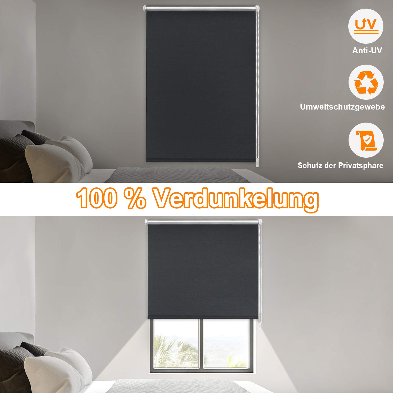 ACXIN Verdunklungsrollo ohne Bohren & mit Bohren, Verdunkelungsrollo Klemmfix, Anthrazit 90x160cm (BxH), Thermorollo Sichtschutz und Sonnenchutz, Rollos Hitzeschutz für Fenster & Tür