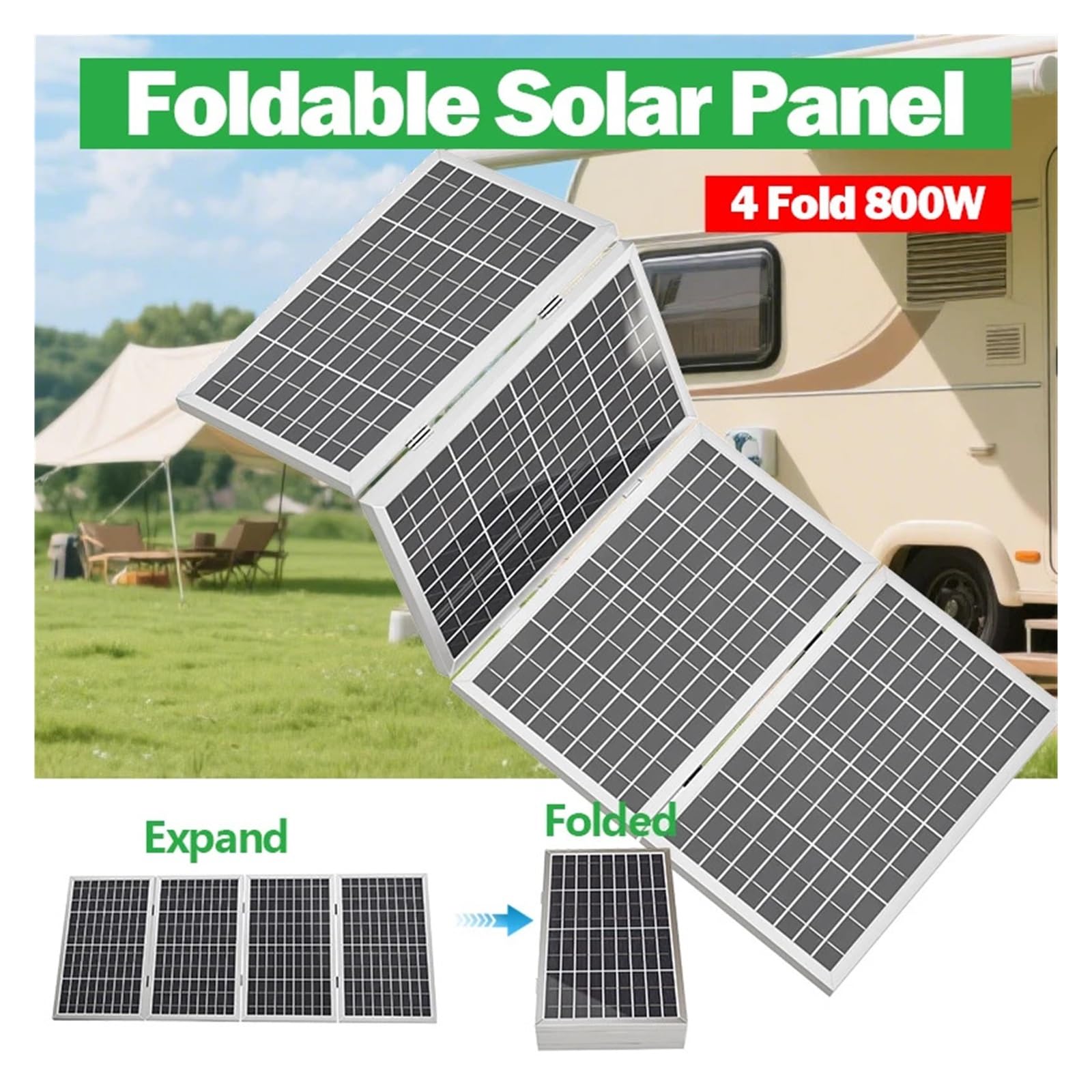 Panneau solaire portable pliable d'efficacité 800W 12V, cellules en silicium polycristallin, idéal for le camping en plein air, le camping-car, la navigation de plaisance