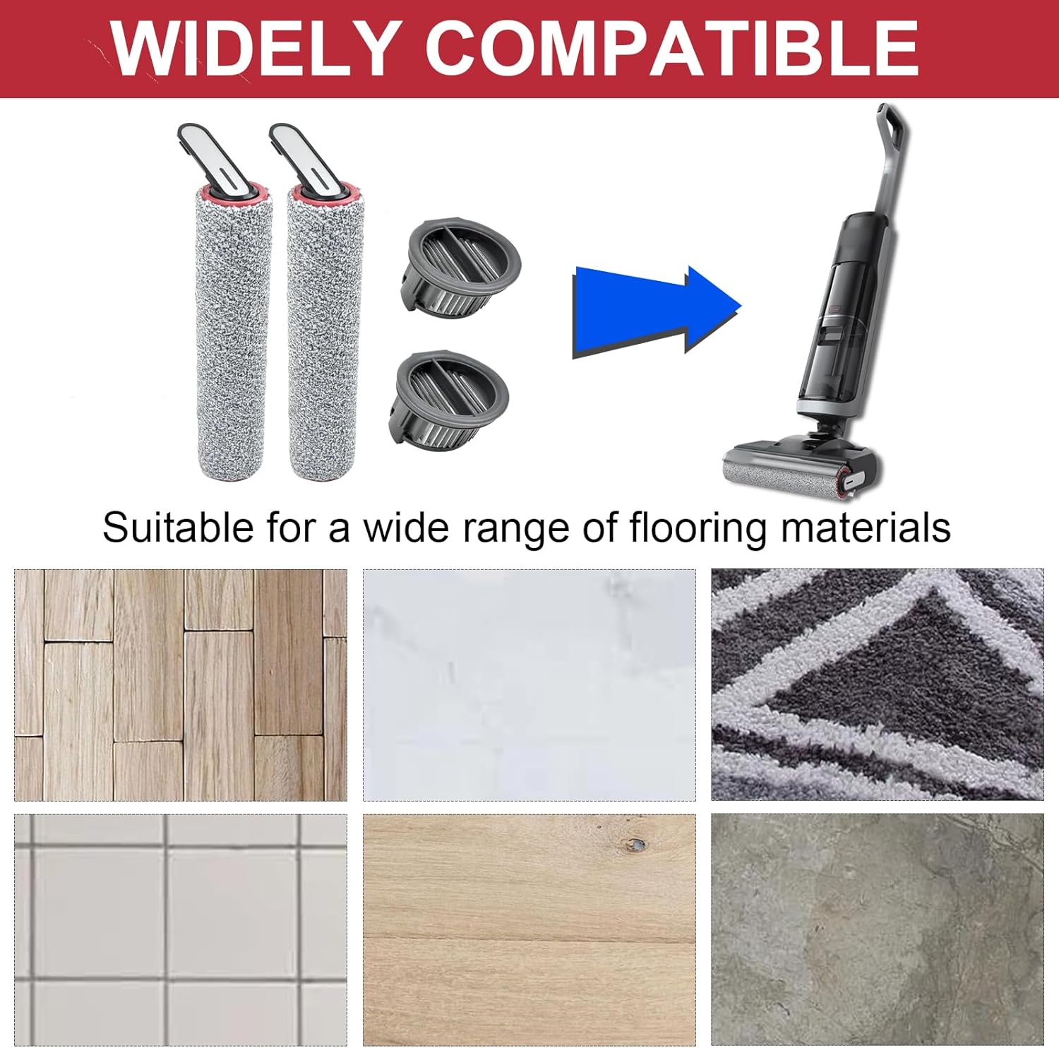 Brush Rollers and Filters Replacement Parts Compatible with Dreame H14/ H14 Pro Wet Dry Vacuum Cleaner (2 Roller Brushes, 2 Hepa Filter)