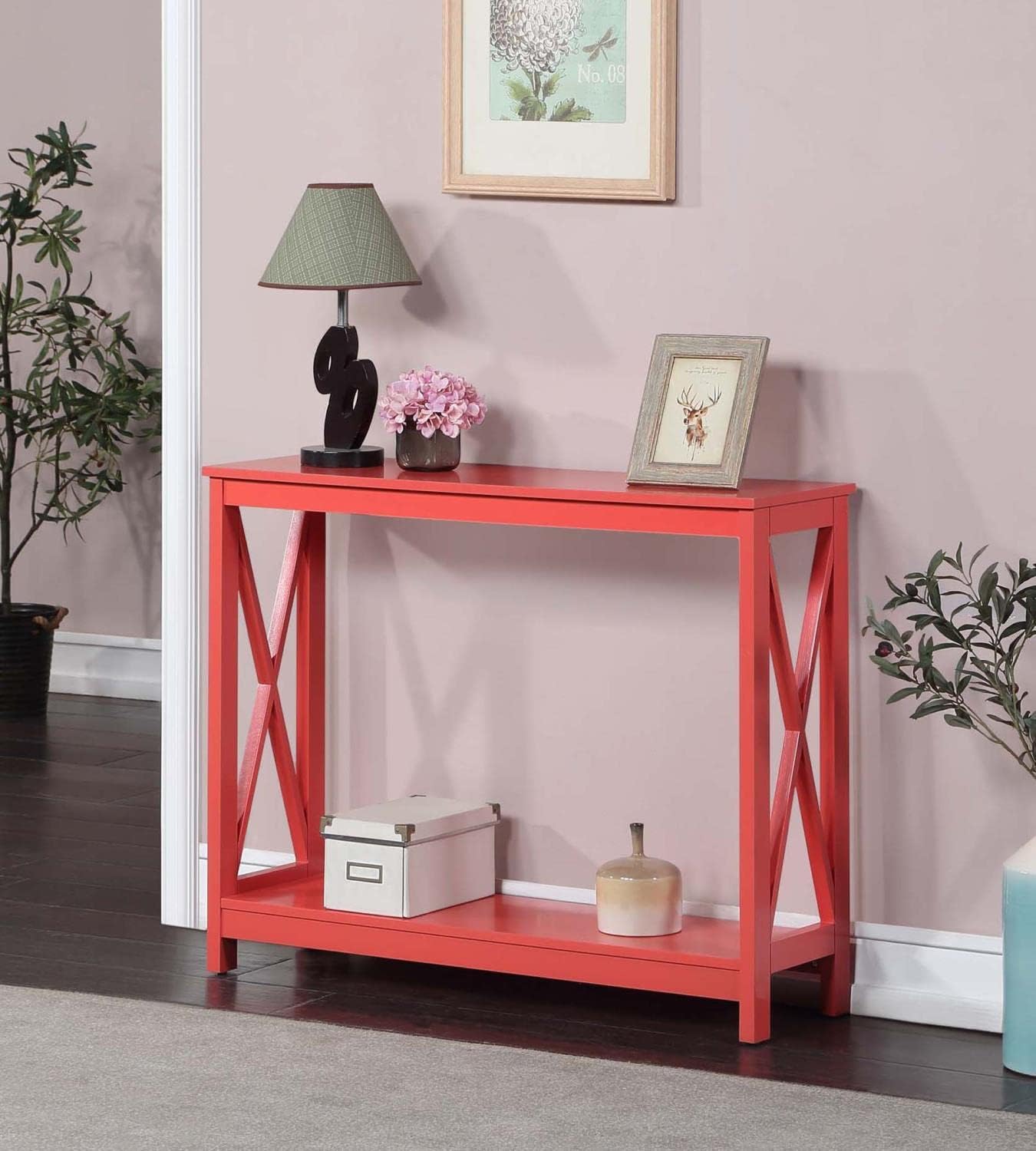 Coral Wood Console Table with Storage Shelves