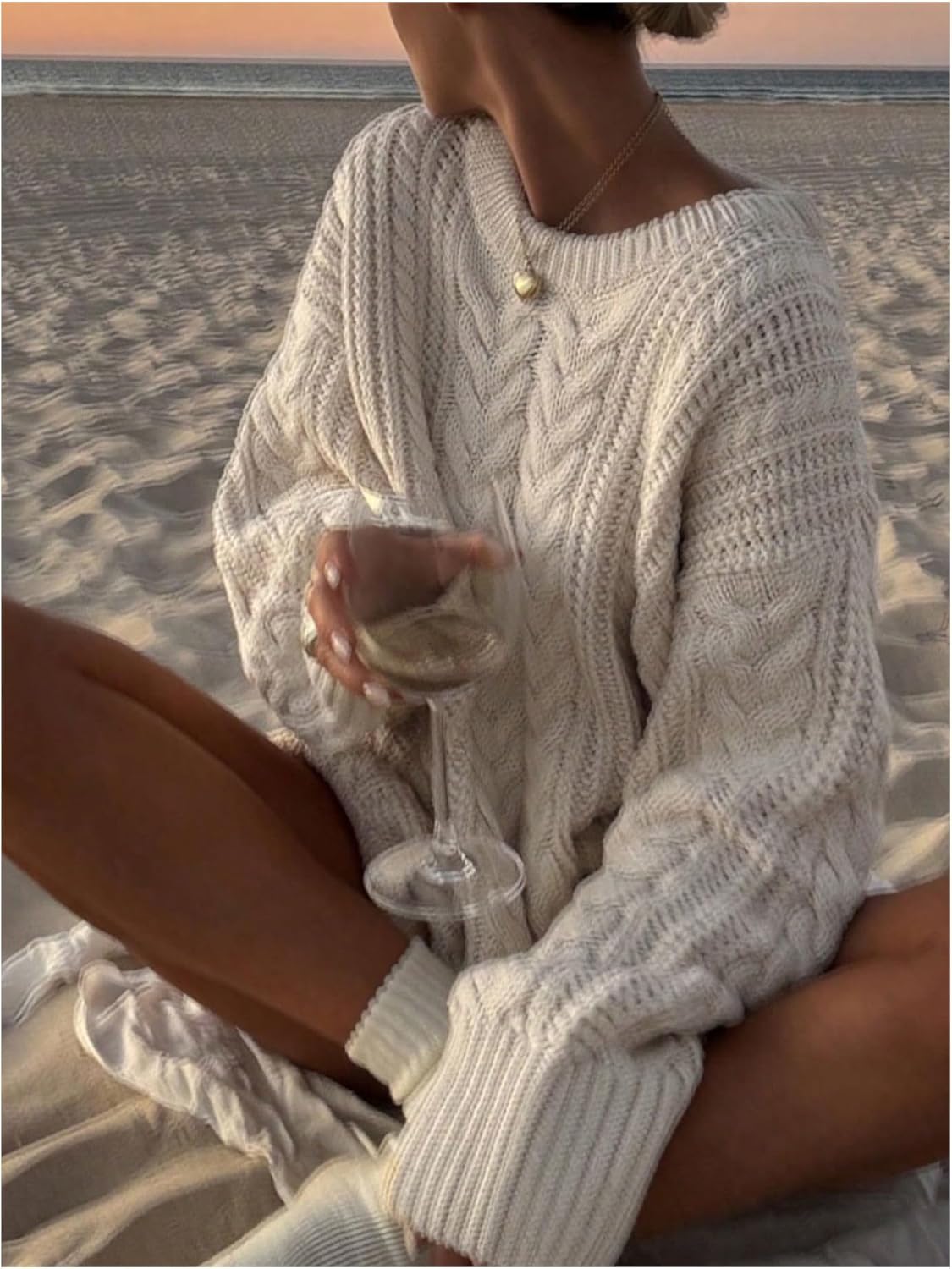 Women's Oversized Cable Knit Sweater Crewneck Long Sleeve Pullover Sweaters Fall Jumper Top - Image 3