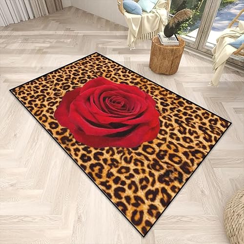 Miniatura 4 de Alfombra de área grande con estampado de leopardo, diseño floral y rosa roja, alfombra moderna y elegante, empalme geométrico, moderna y creativa,