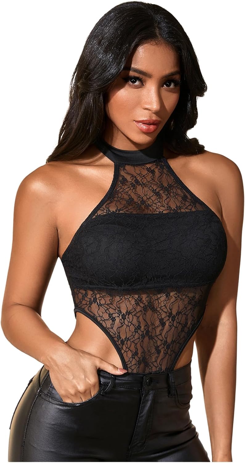 WDIRARA Women's High Cut Halter Neck Sleeveless Backless Lace Mesh Bodysuit Tank Top