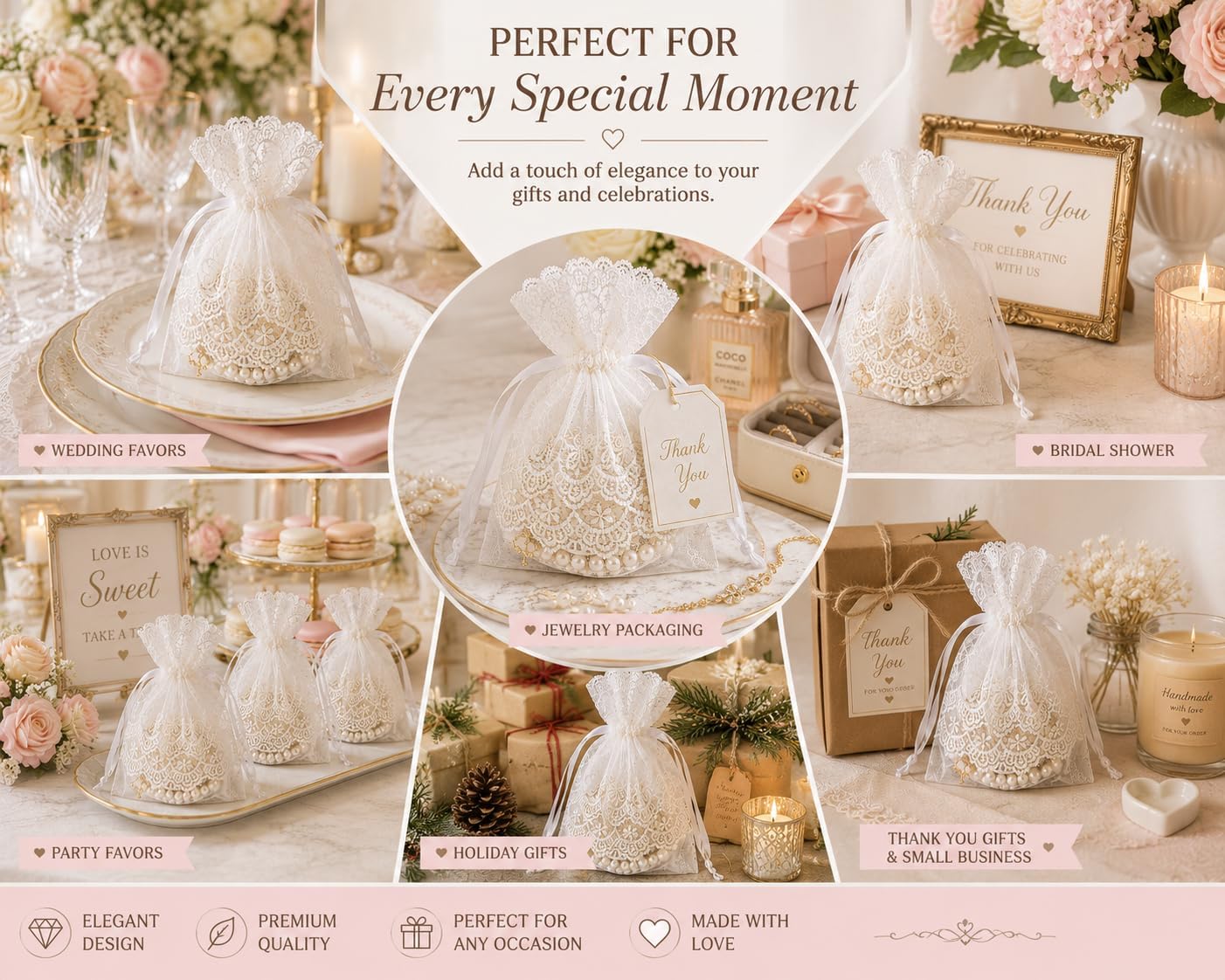 PFSMYTMO Wedding Favor Bags, Lace Drawstring Organza Gift Bags, Elegant Jewelry Pouches for Bridal Shower, Candy, Pearls, Party Favors & Small Gifts (100PCS)