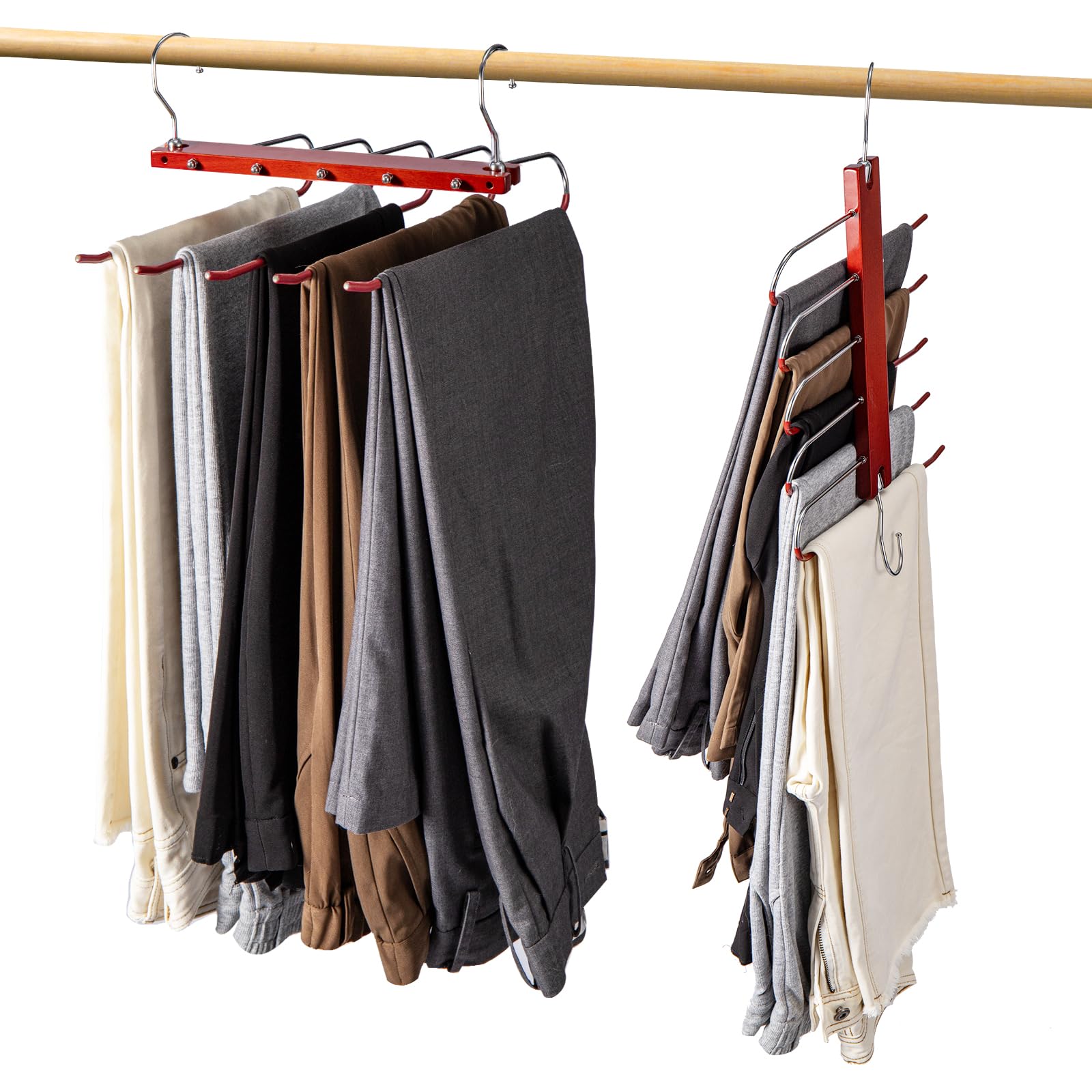 Youyijia 5-Layer Trouser Hangers Space Saving 2-Pack Multi-Functional Wardrobe Organizers Non-Slip Pants Hangers Closet Organizers for Jeans Clothes Scarves and Towels (Mahogany)