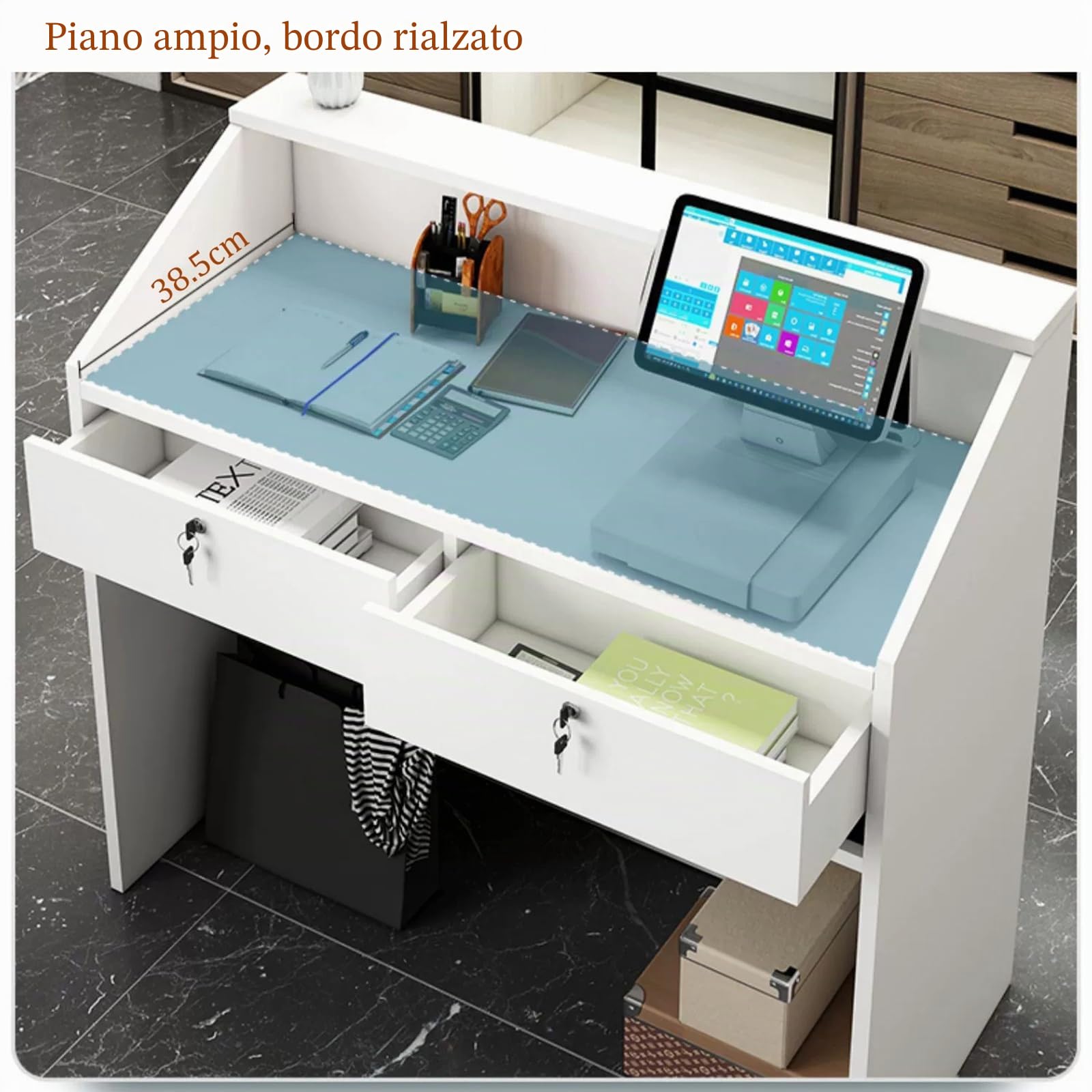 Banco reception, tavolo bancone per ufficio con 2 cassetti, Bancone Cassa per Negozio, tavolo da reception, Sale Aziendali, Hotel, Centro Estetico, bianco, MDF, 60 x 38 x 92 cm