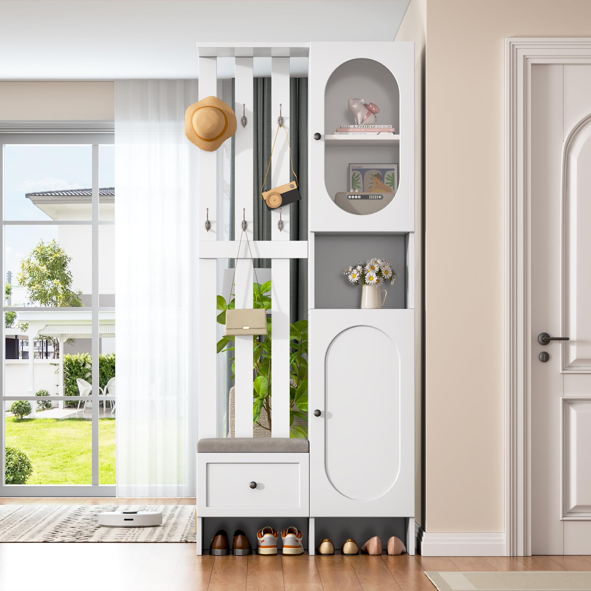 Merax Garderobenset Wandgarderobe, Kompaktgarderobe, Modern Flurgarderoben Set mit Schuhbank, Vitrine, Wandpaneelen, Kleiderhaken, Stylishe Garderobenständer für Flur Eingangsbereich, Flurmöbel, Weiß