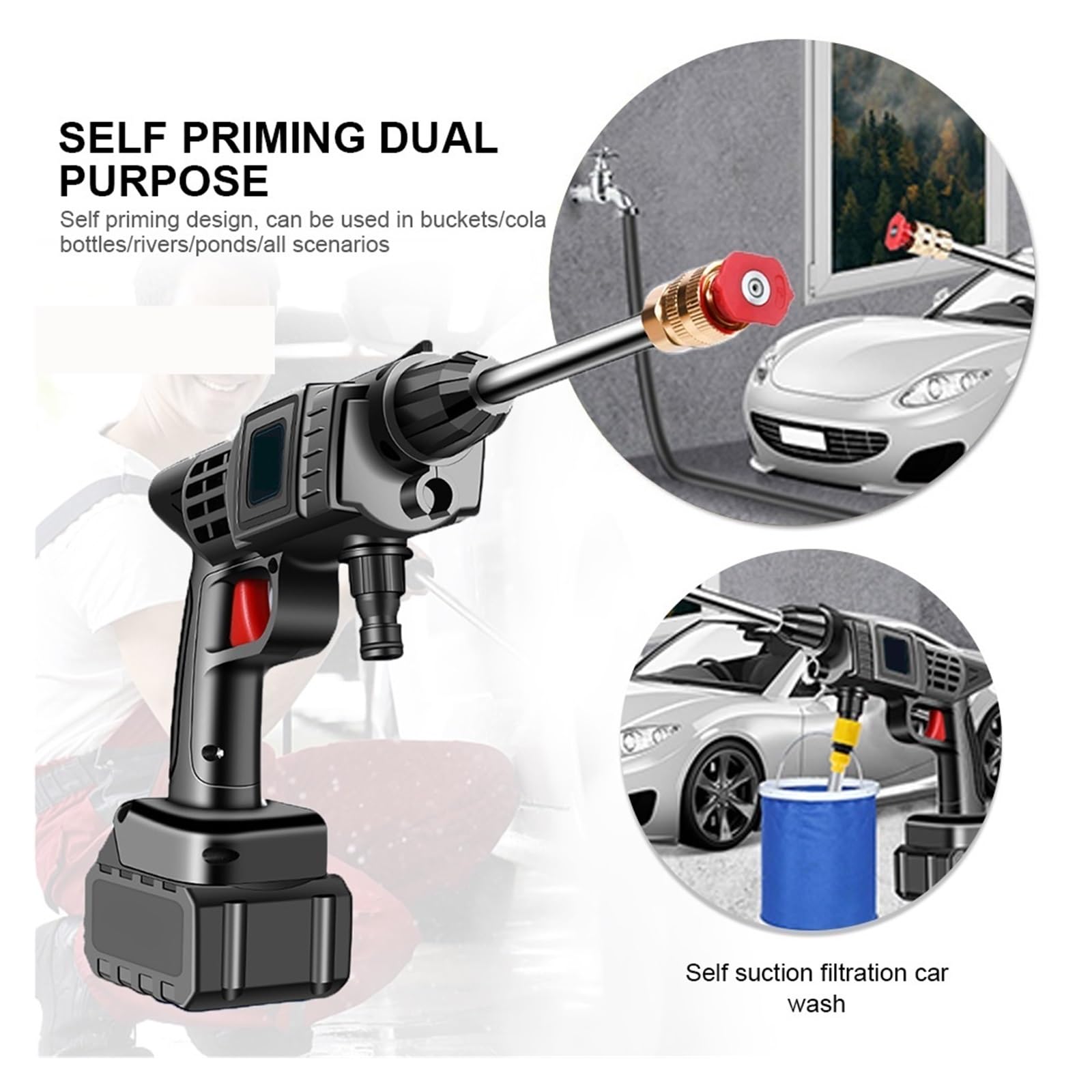Pistolet d'arrosage avec embout multi-jets, Nettoyeur haute pression sans fil 10000/20000mAh, générateur de mousse, lave-auto, eau(10000mAh Battery)