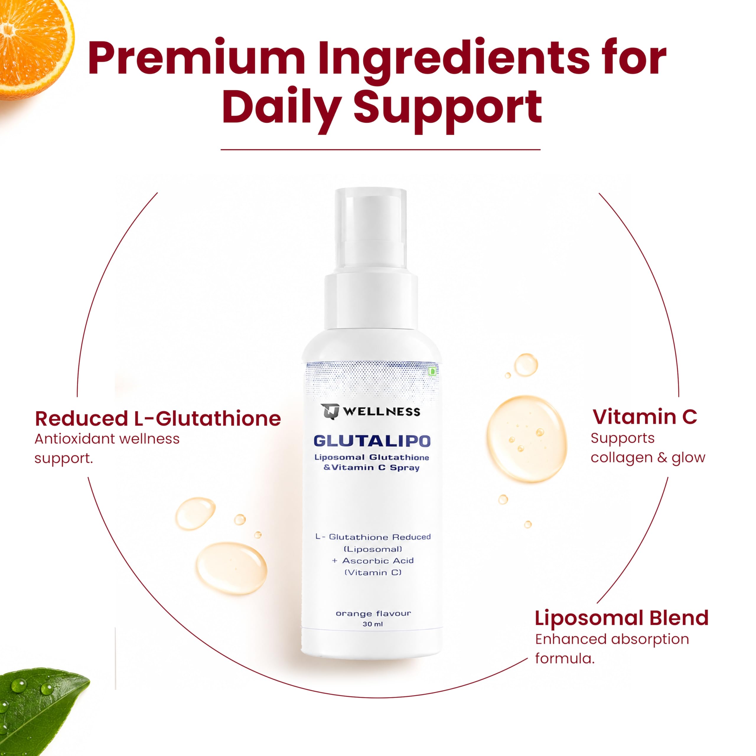 oral wellness glutathione TQ with Vitamin C for Healthy Skin, Skin Brightening, Anti-Ageing, Pigmentation & Dark Spots, Glutalipo Spray, Sugar-free, Pack:Single Pack Prelaunch Biotinylated Quinone as a