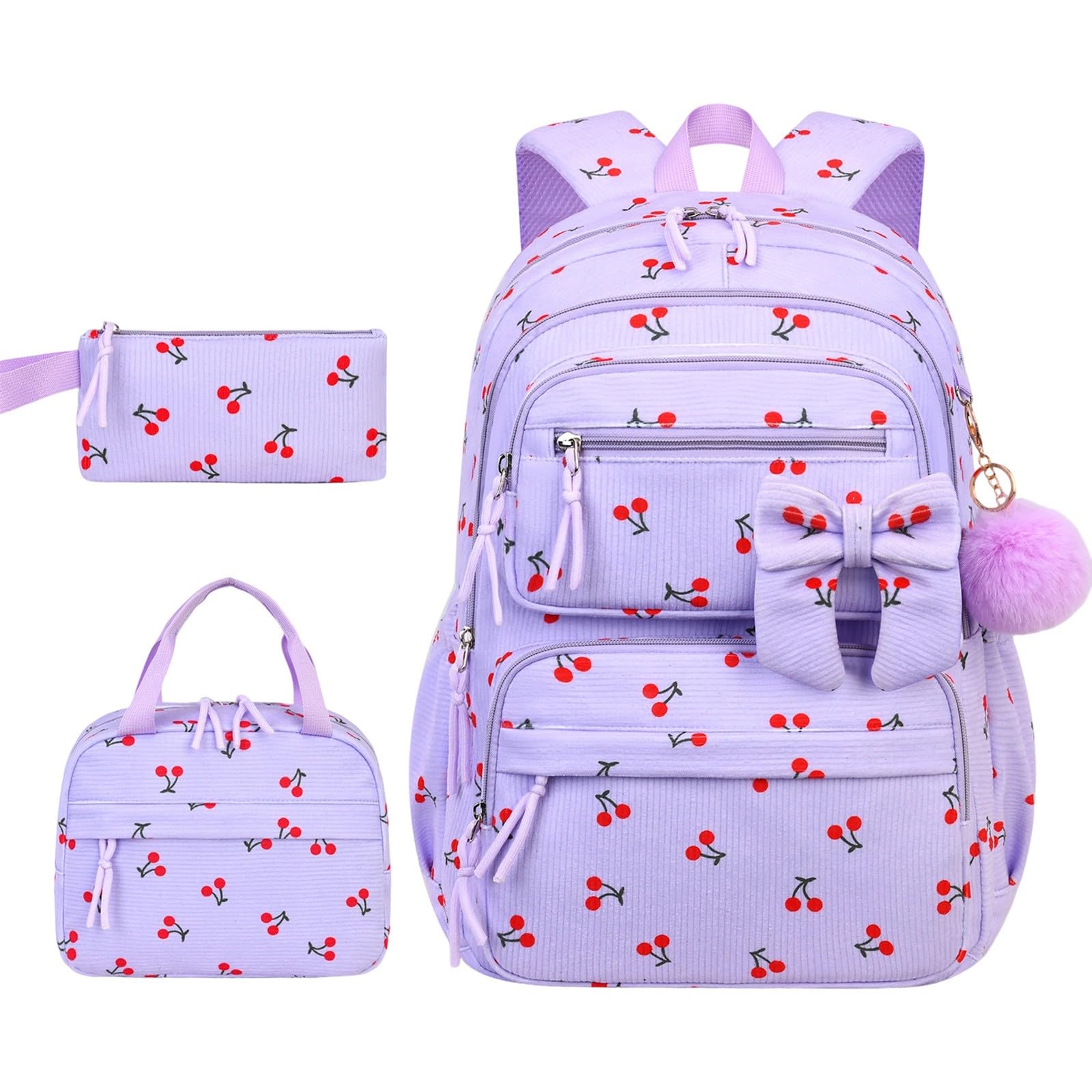 Juego de mochila y lonchera para niños con estuche para lápices, bolsa escolar de cereza, mochila ligera para niños con amplios compartimentos de almacenamiento, Purple, Talla única, Clásico