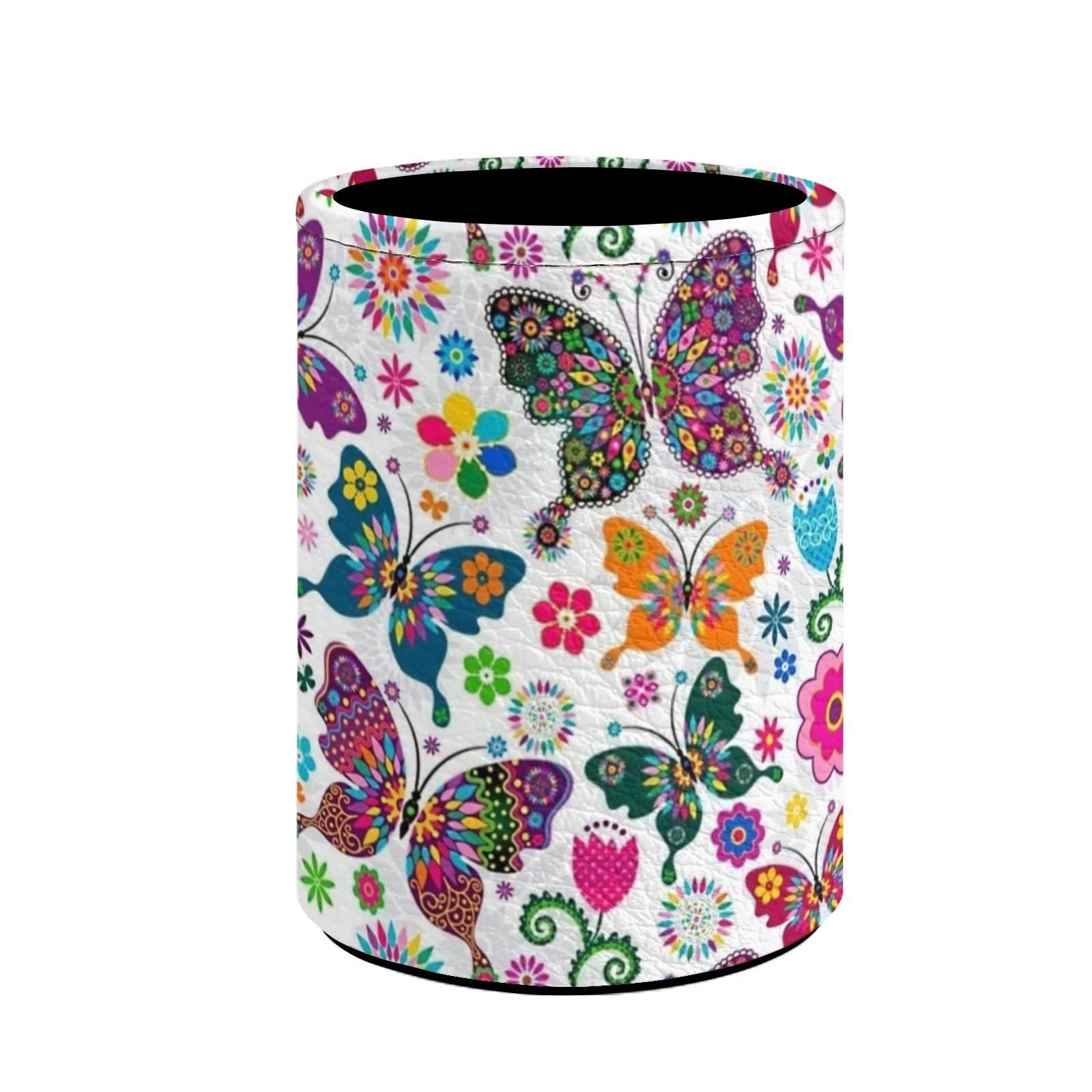 BIGCARJOB Butterfly Print Girls Womens Pencil Holder Stationery School Desk Organizer Colorful Butterfly Pen Holder for Desk,PU Leather Pen Holder Makeup Brush Holder Storage Box — image 1