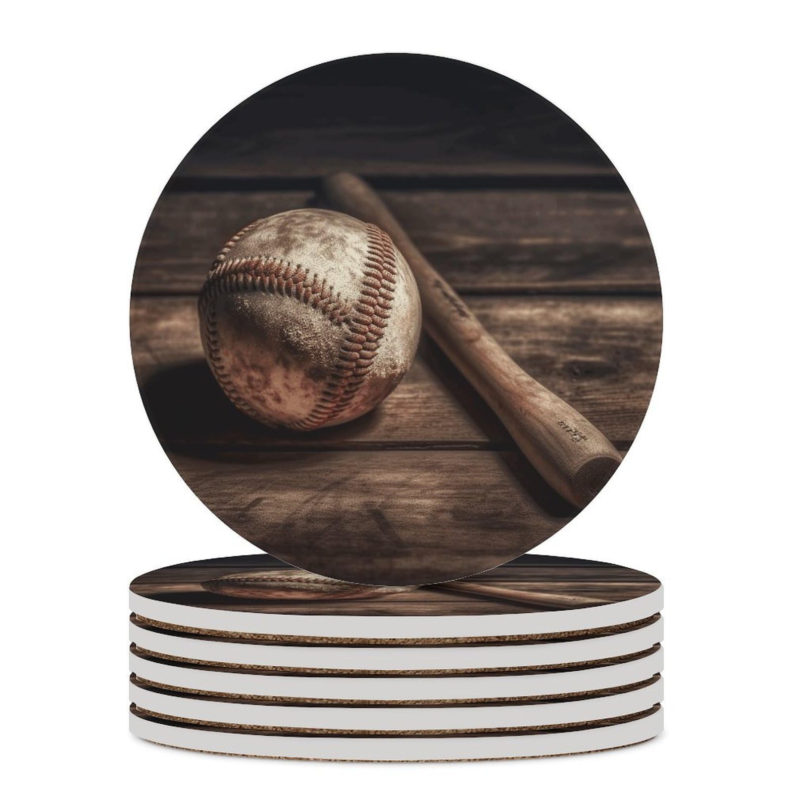 Baseball on Wooden Coaster with Cork Base Drink Coasters for Coffee Table Decor Modern Cup Coasters with Non-Slip & Heat-Resistant Cute Ceramic Table Coaster for Home Dining