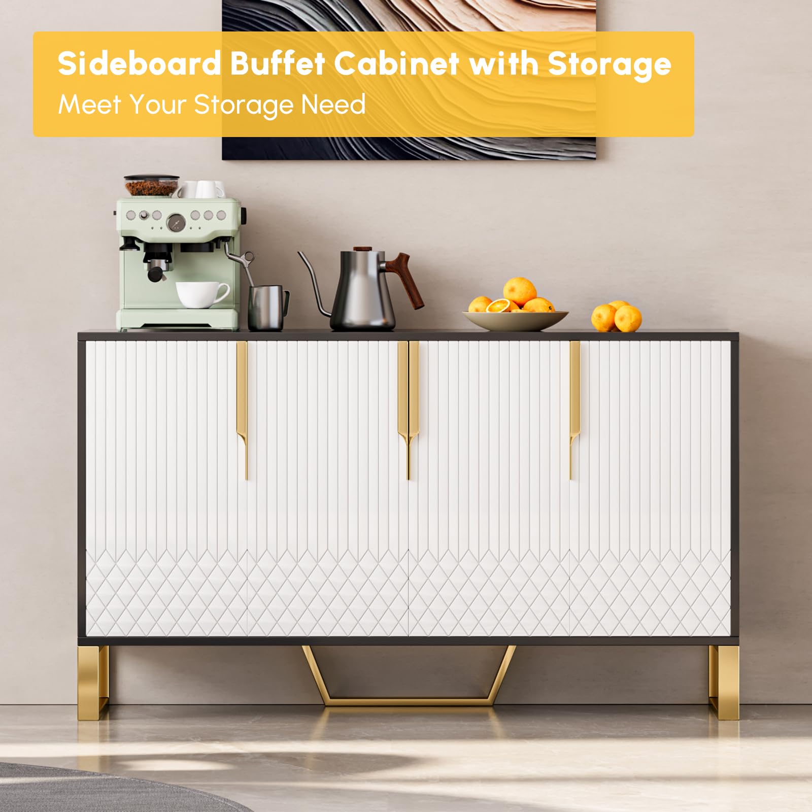 Homary Sideboard-Buffettisch, 150 cm, Küchenschrank, Stabiler Edelstahl Und Holzwerkstoff, 4-türig, 6 Ablagen, Moderner Organizer in Weiß/Schwarz