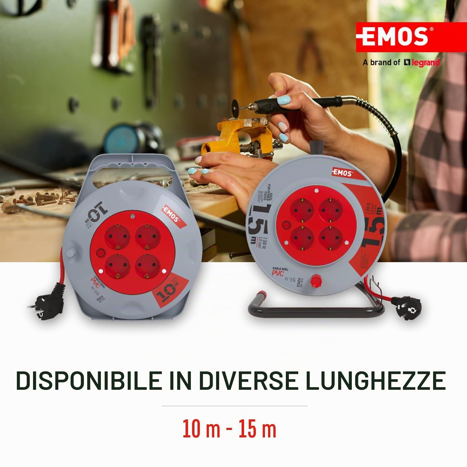 EMOS - Avvolgicavo 15 m - 4 prese Schuko - 230 V, 10 A, 2300 W - isolamento in PVC di alta qualità - H05VV-F3G 1,0 mm2 - protezione contro il surriscaldamento, freno bobina - IP20 per interni