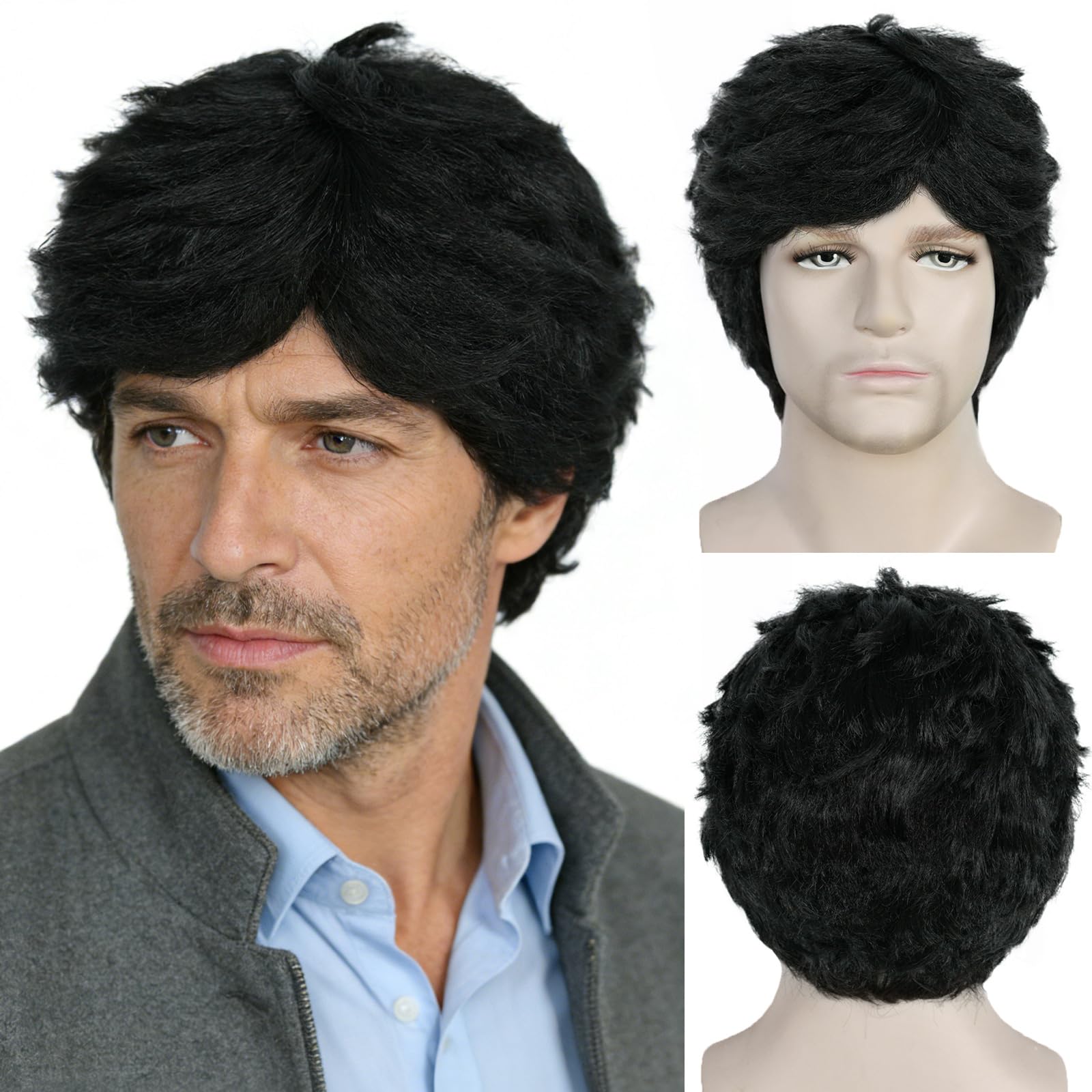 Photo 1 of ANOGOL Short Black Mens Wig Short Black Wigs Handsome Male Wigs Shaggy Hair