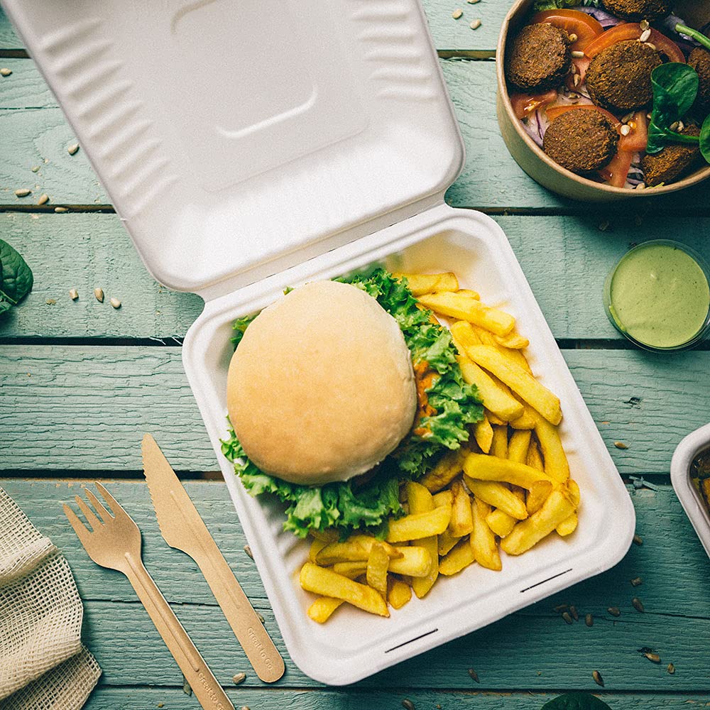 BIOZOYG Burgerbox aus Zuckerrohr mit angrenzendem Deckel I 50 Stück kompostierbare Snackverpackung aus Bagasse - biologisch abbaubar I Pommes Menübox eckig I Lunch to go 22 x 18,5 x 7 cm