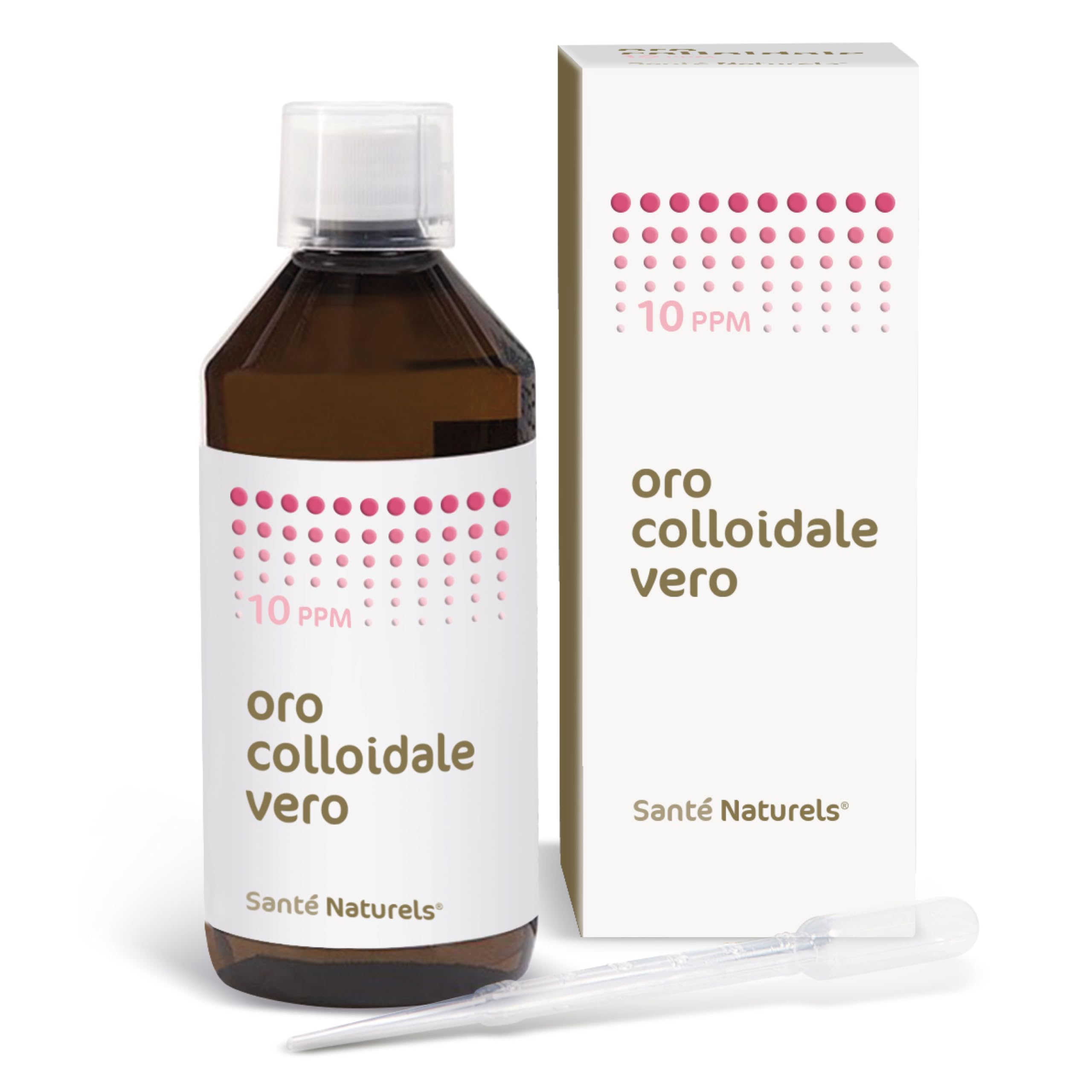 Oro Coloidal Verdadero ● 10 ppm 500 ml ● Particulado no Iónico con Pipeta Cuentagotas y Tapón Cuentagotas ● Made in Italy